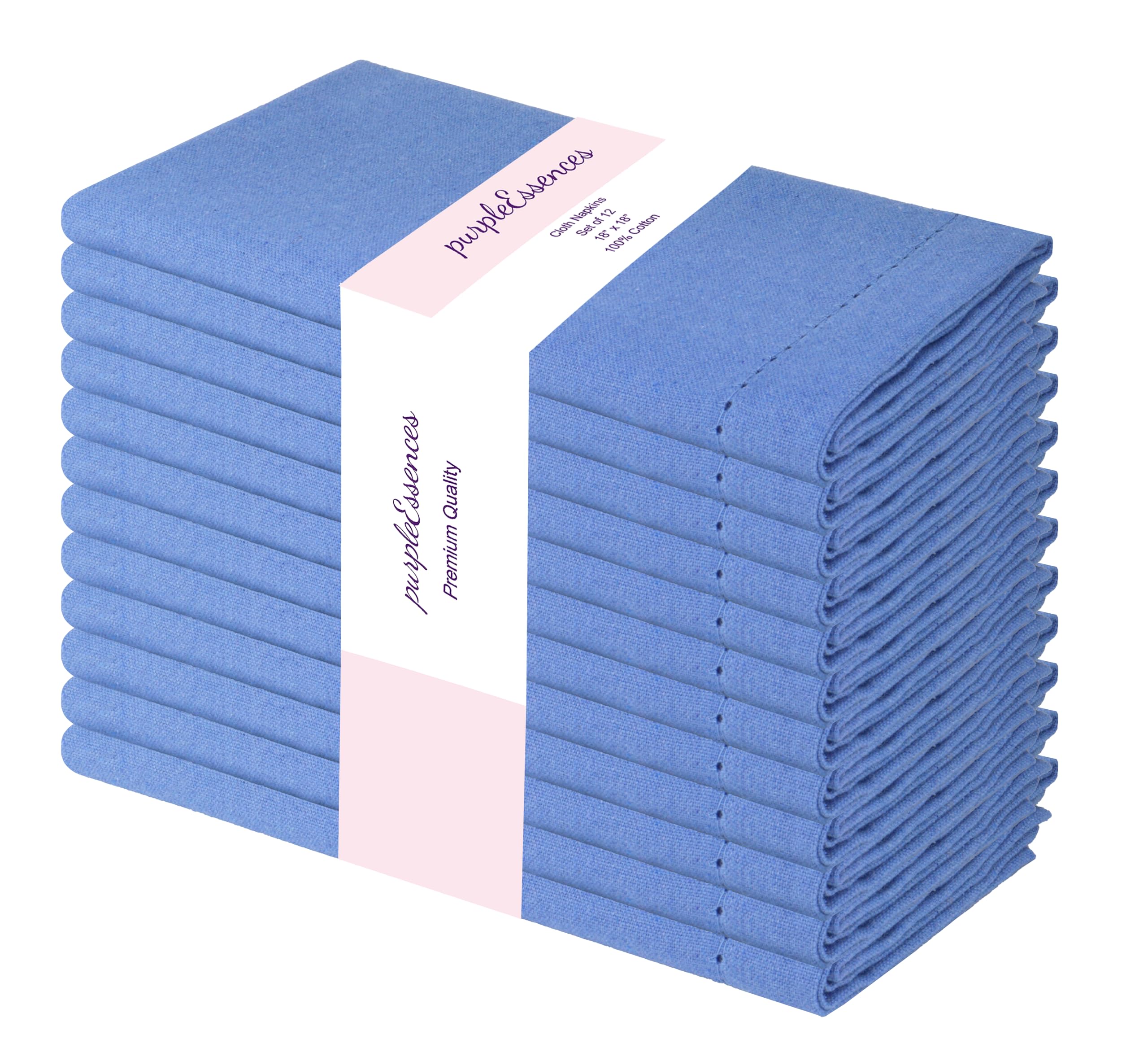 PurpleEssences Set of 12 Hemstitch Cloth Dinner Napkins 100% Cotton - Soft Durable Washable - Ideal for Wedding Spring Easter Summer - Perfect Everyday Use Table Linen 18x18 - Light Blue