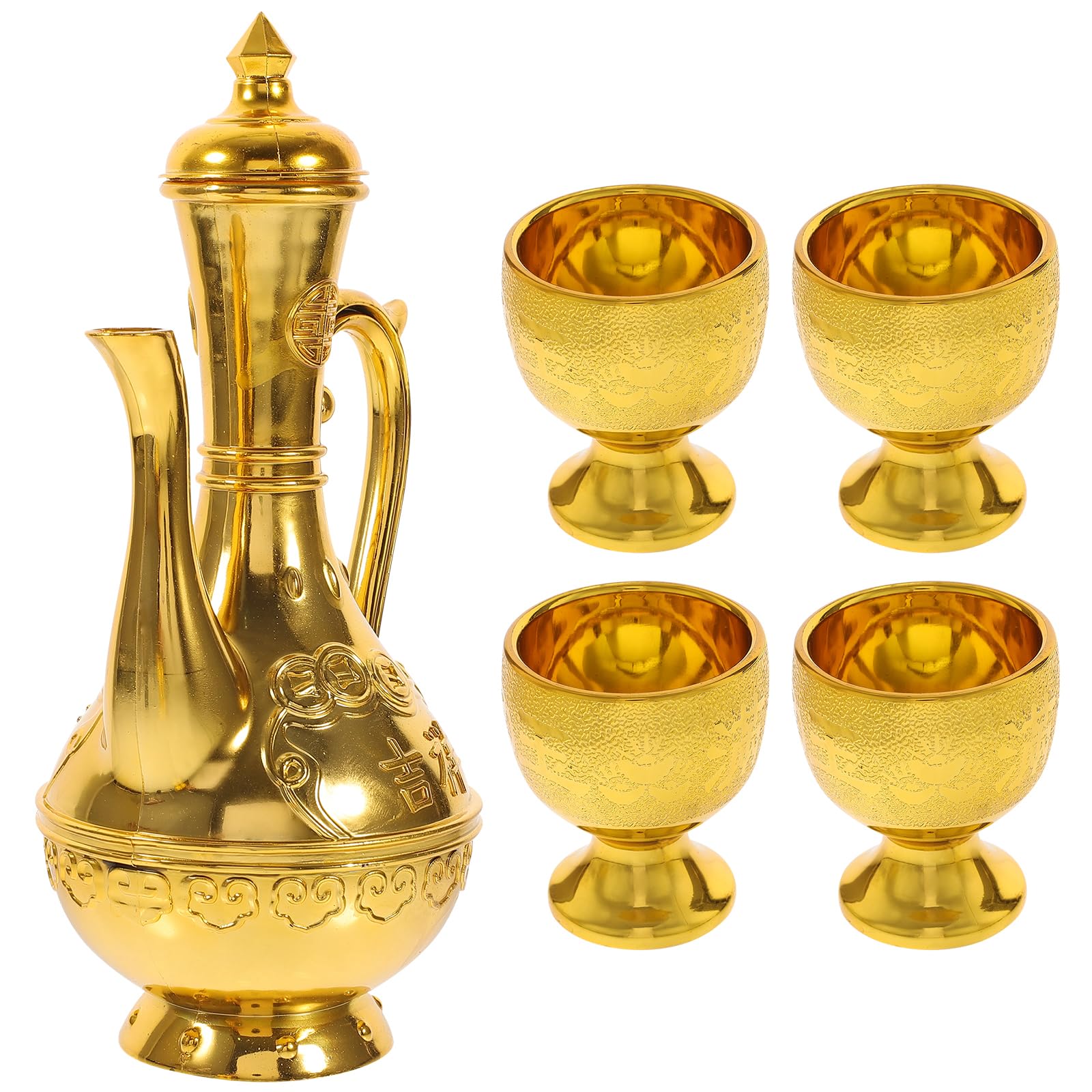 Cabilock Wine Glass Jug Set, Vintage Drinking Cups Set Art Crafts Teapot Wine Pot Kit (Golden)