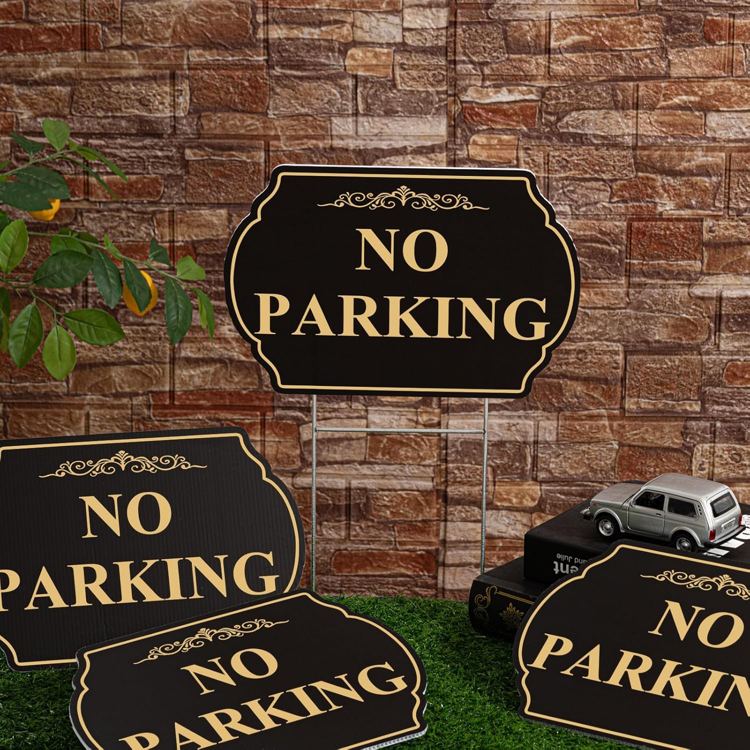 Juexica 6 Pcs No Parking Signs with Stand - 12" x 8" No Parking Yard Sign Double Sided, Heavy-duty Metal, Weatherproof & UV Protected for Driveway, Private Property(Gold Black)