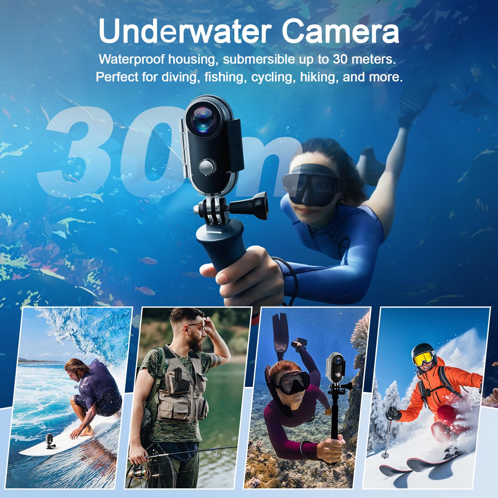 Action Cam, wasserdichte Kamera, 64GB Mini Bodycam, Fahrrad Dashcam, WiFi Action Camera, Körperkameras, Helmkamera Motorrad, Sportkamera mit Magnetisch und 360°-Klammer, für Radfahren Surfen