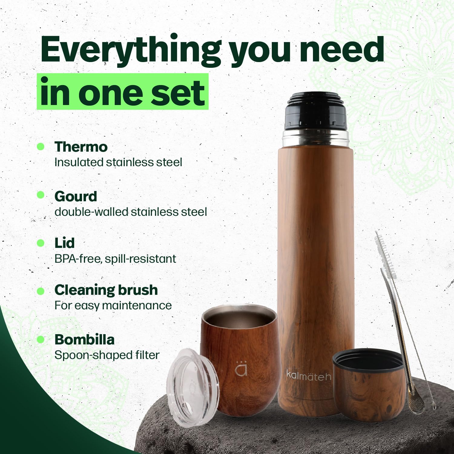 Kalmateh Yerba Mate Kürbis- und Thermos-Set, inklusive innovativem Yerba Mate Kürbis, vakuumisolierter Thermoskanne, Bombilla-Stroh, Reinigungsbürste und Geschenkbox (Holz, 1000 ml)