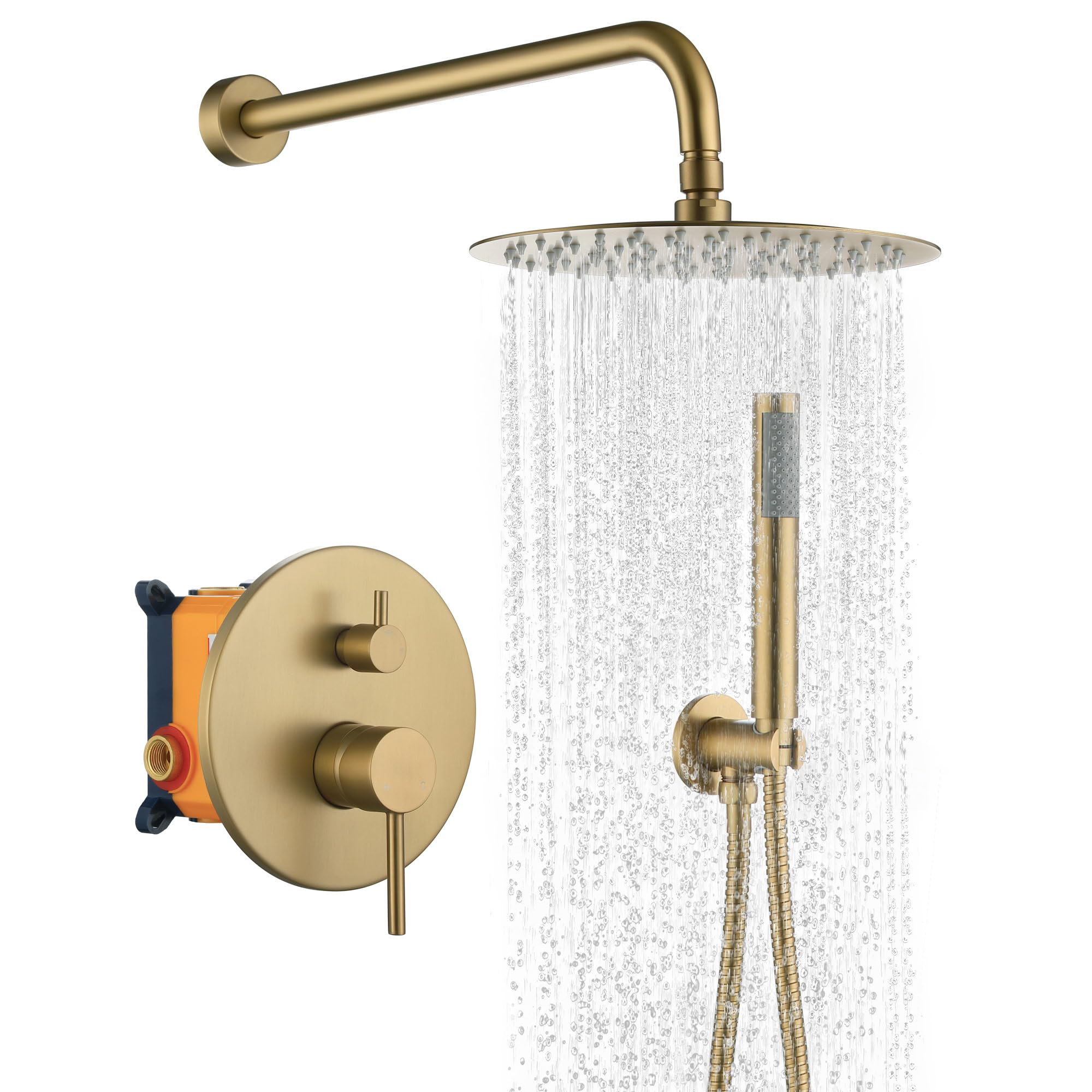 Photo 1 of *** MISSING PIPES CAN BE USED FOR PARTS***MONDAWE Round Shower Faucet Set, Wall Mounted Shower System 10 Inch Rainfall Shower Head with Handheld Combo, Brushed Gold High Pressure Rainfall Shower Set -Valve Included