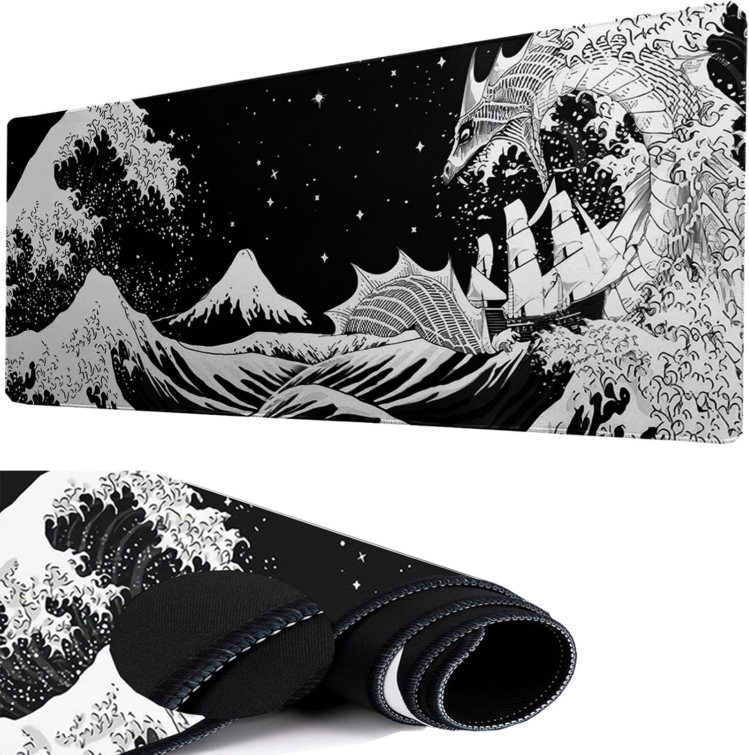 Black and White Japanese Waves Sea Dragon Gaming Mouse Pad, Extra Large Mouse Pad
