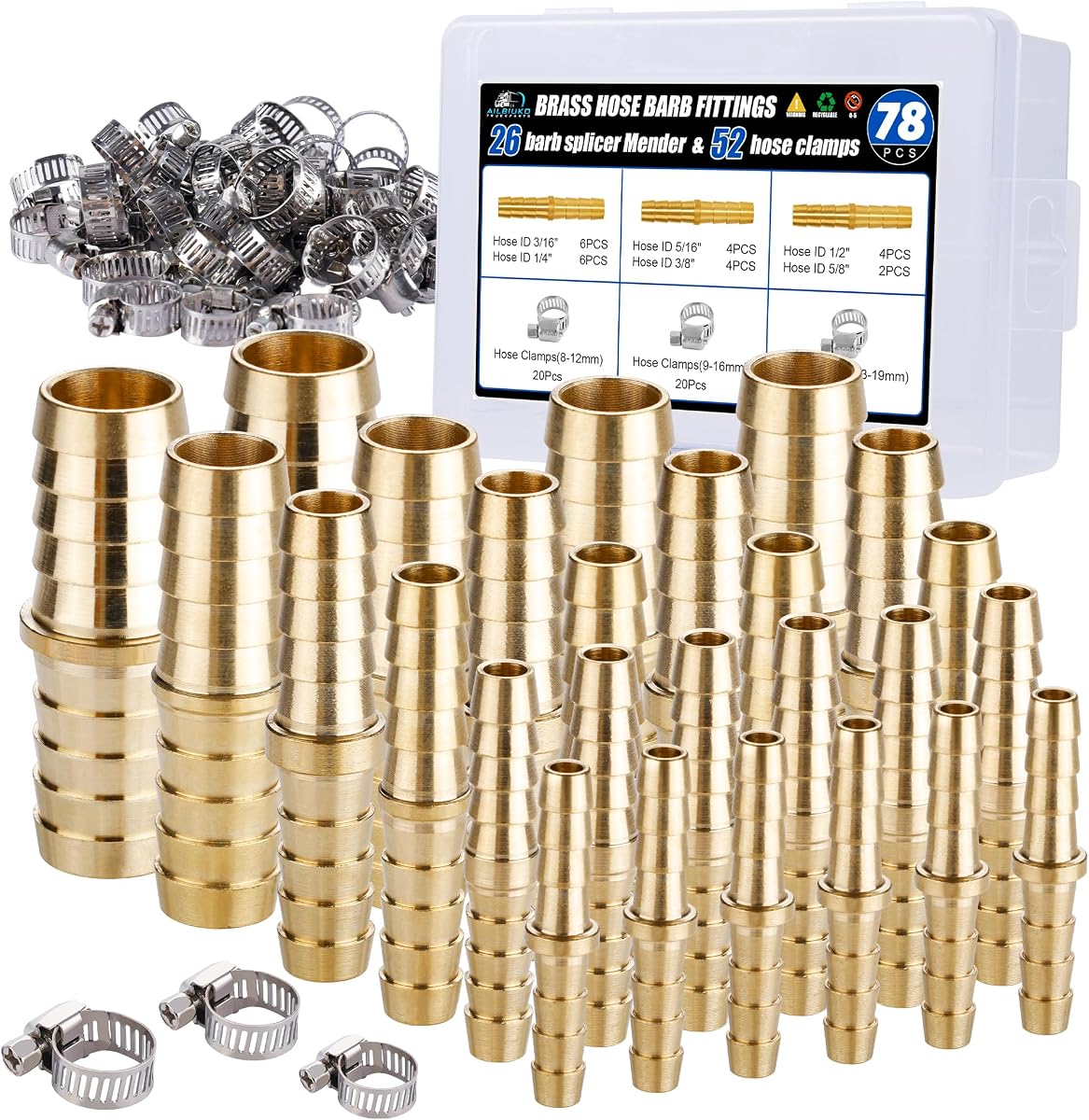 26PCS Brass Hose Barb Fittings Splicer Mender Kit with Pipe Clamp | 3/16" 1/4" 5/16" 3/8" 1/2" 5/8" Hose Barb Fitting with 52Pcs Stainless Steel Pipe Hose Clamps for Air/Fuel/Water/Oil Hose
