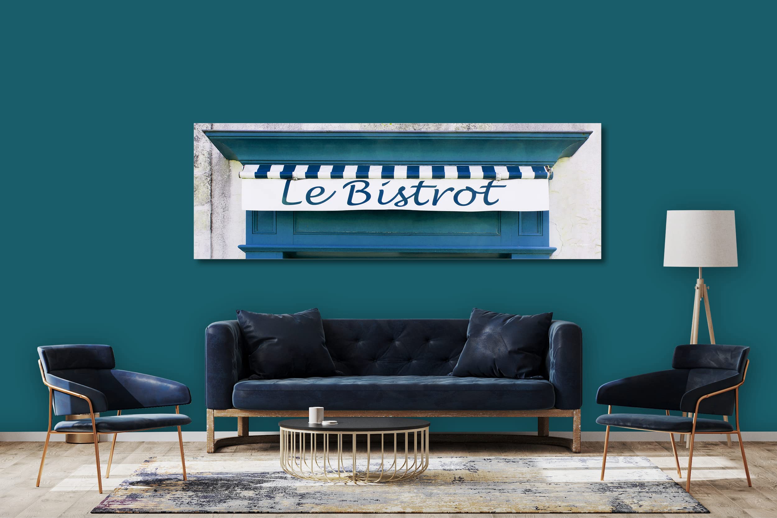 Glücksvilla - Bistrot blau (Leinwand-Bild 5 cm, 60 x 20 cm) | div. Maße - aus DE - Kunstdruck XXL Deko Wandbild quer - Bistro Restaurant Bar Frankreich Paris