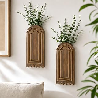 Scalloped Boho Wooden Wall Vase Set for Decor, Solid Wood Wall Decor,Textured Boho Farmhouse Wall Vases,Boho Art for Living Room,Entryway,Bathroom (Rich Wood)