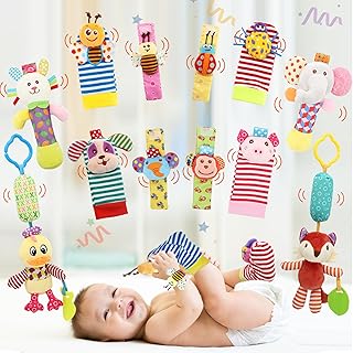 Soft Baby Toy, Wrist Rattle & Foot Finder Rattle Socks, Handheld Rattles and Plush Rattles Rings Pram Car Seat Activity Stroller Hanging Toy, Newborn Baby Rattle Toys for Infant Boy or Girl (12 PCS-A)
