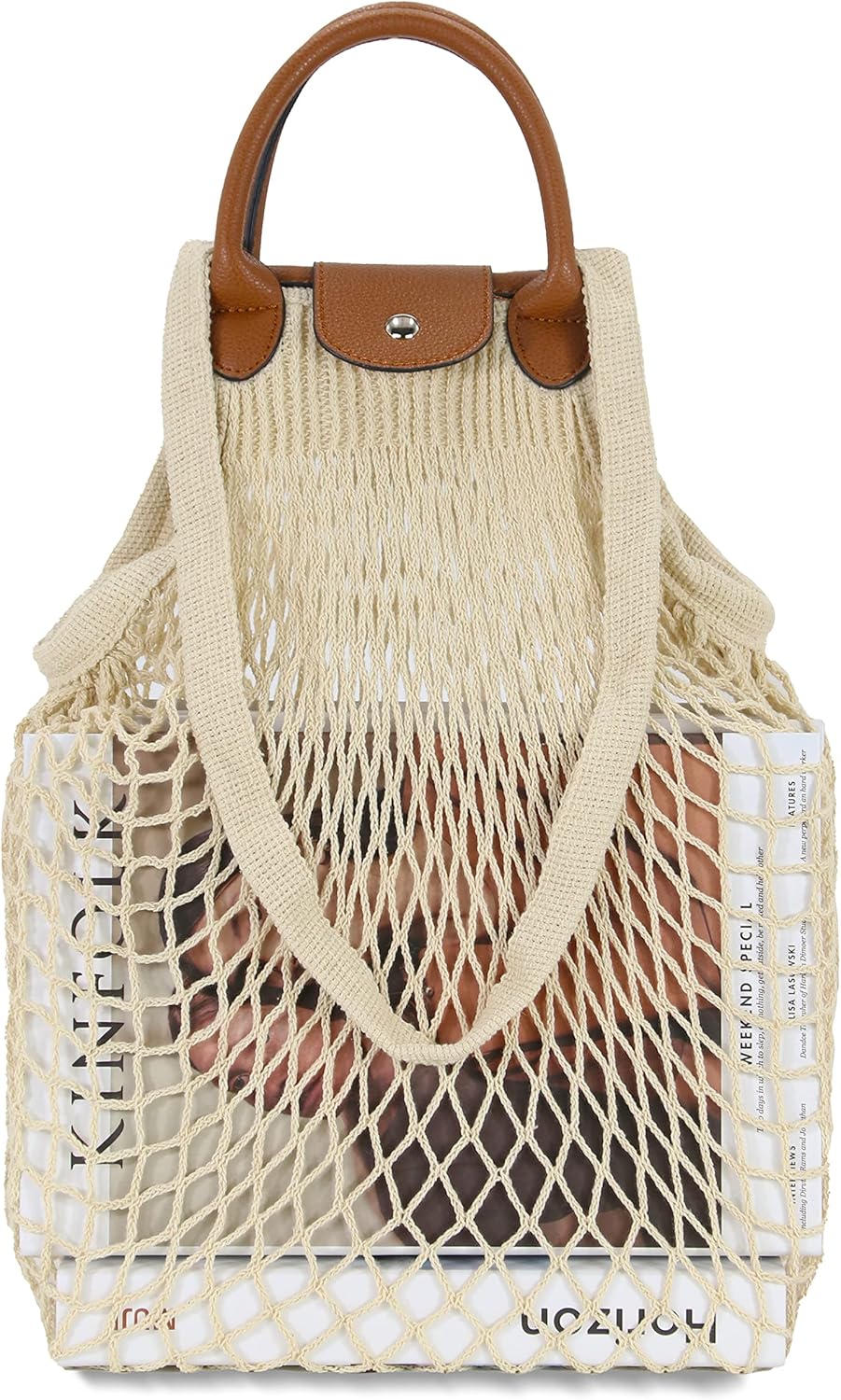 Hibala Woven Bag for Women, Fishing net bag,Straw Mesh Tote Bag, Beach,Hobo Bag, Foldable Large Capacity White
