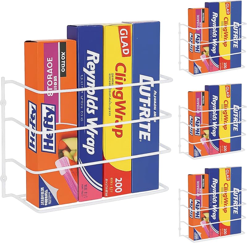 Evelots Kitchen Wrap & Food Bag Organizer Wall/Cabinet Mount, 4-Pack, White | Four baskets mount inside a cabinet or on a wall to keep foil, plastic wrap and food bags organized, saving counter space.