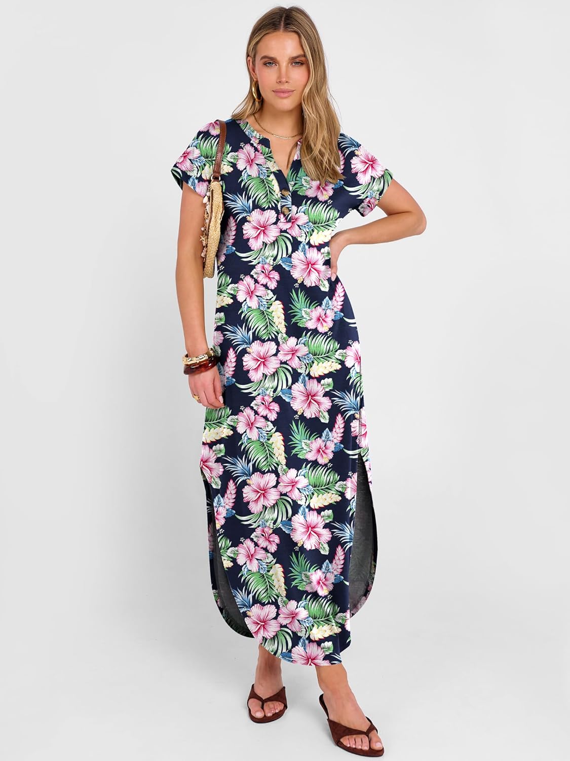 ANRABESS Women Summer Maxi Dress Casual Short Sleeve V Neck Button Up Loose Split Travel Dresses 2026 Beach Vacation Sundress - Image 2