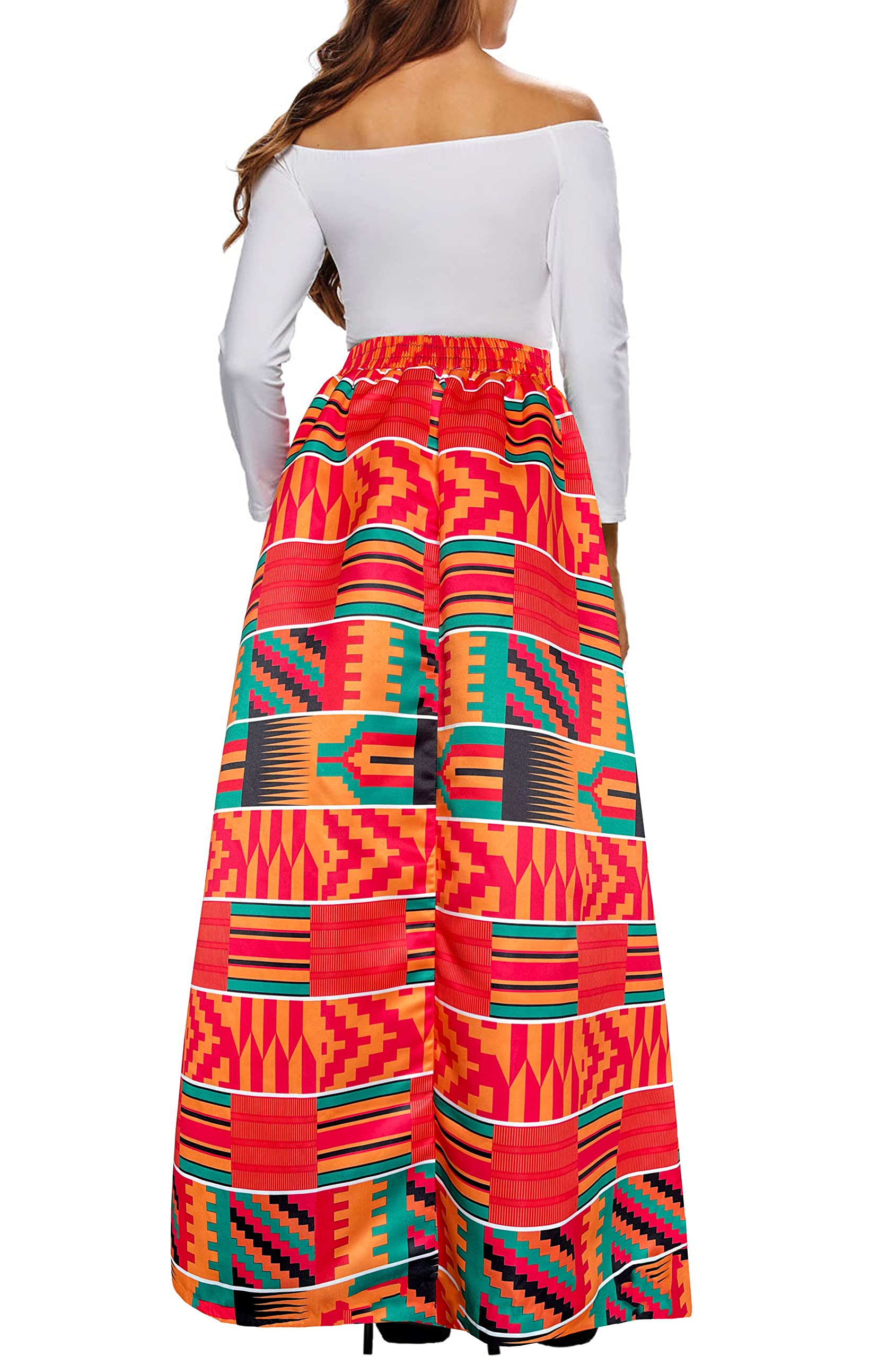 Afibi - Falda larga acampanada con estampado africano para mujer, con bolsillos, tallas S-5XL