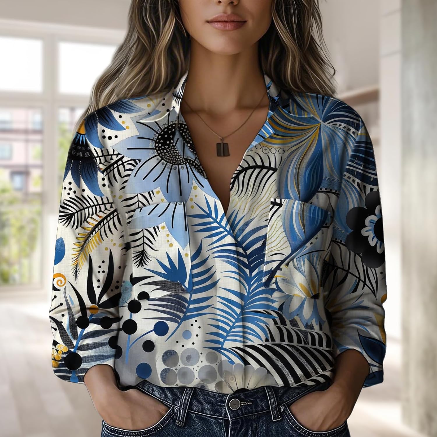 Casual Shirts for Women Quick Dry Loose Fit Plus Size Long Sleeve V Neck Floral Graphic Stretch Blouse - Image 2