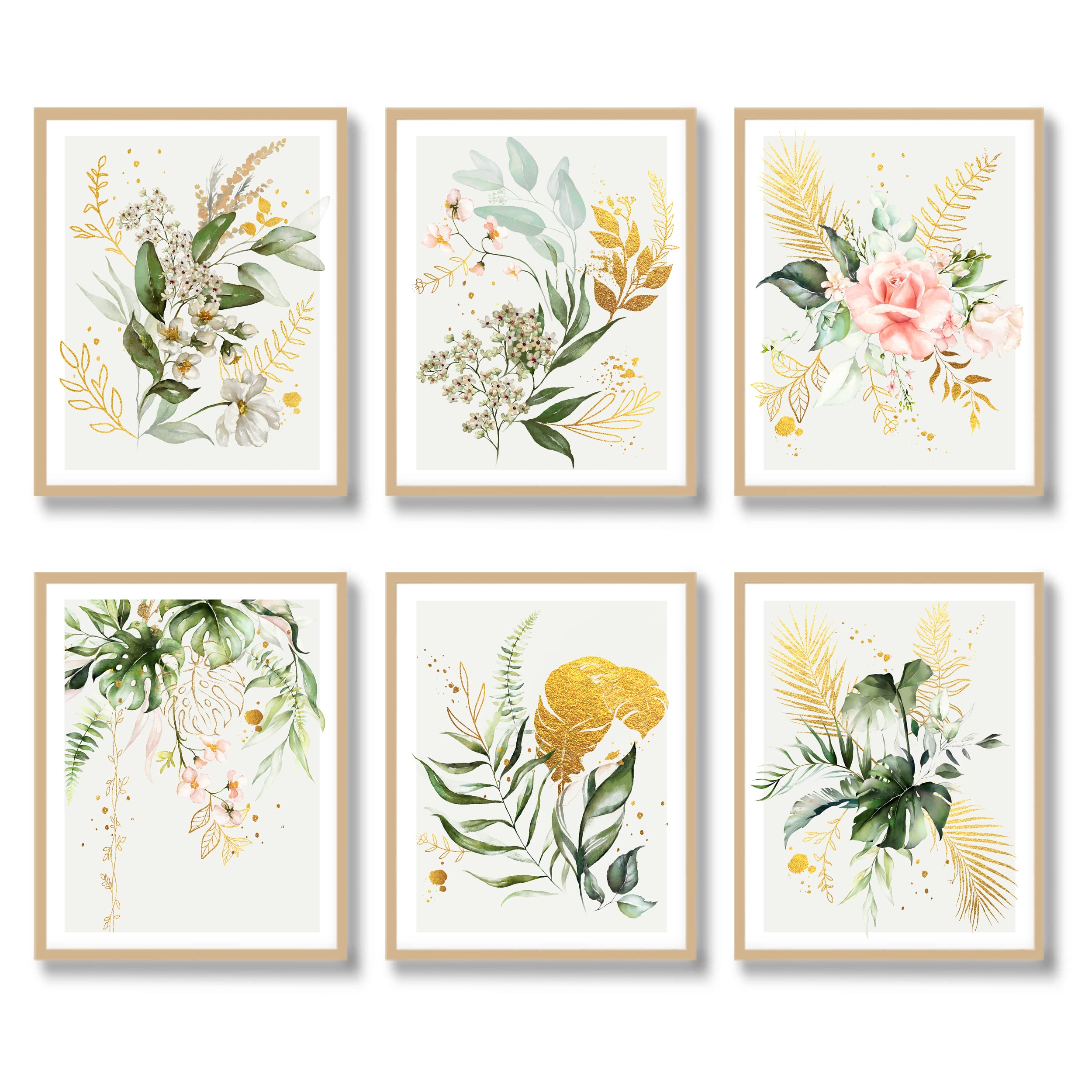 Botanical Wall Art Prints Set of 6 Leaves Flower Canvas Poster Plant Leaf Boho Aesthetic Watercolor Wall Decor Minimalist Gold and Green Floral Leaves Pictures for Bedroom Living Room (8"x10"