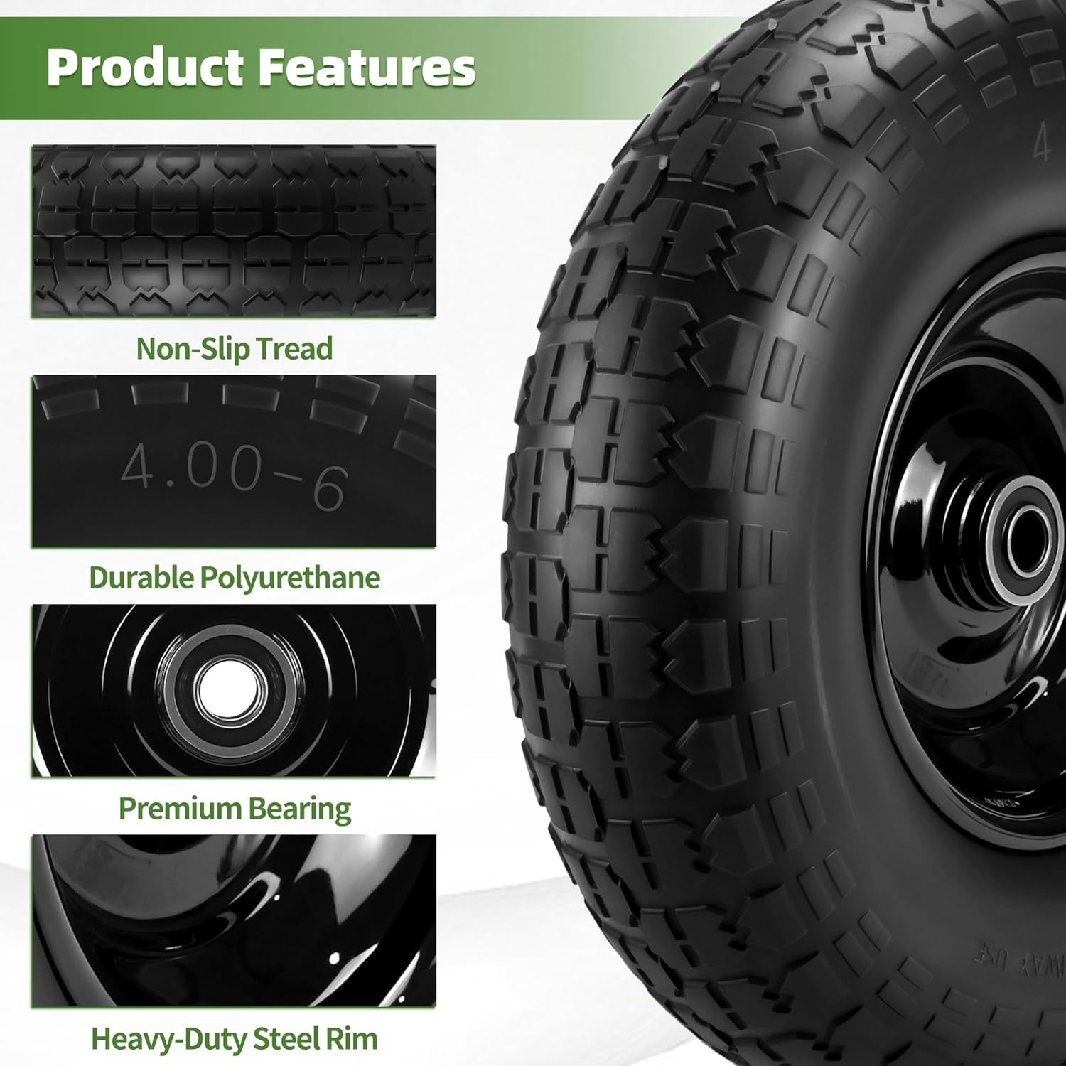 2 Pcs 4.00-6 Flat Free Tire and Wheel, 13" Wheelbarrow Wheel with 5/8" & Extra 3/4" Bearings, Solid Polyurethane, 13x4.00-6 Tire Compatible with Gorilla Cart, Wheelbarrows, Garden Carts, Hand Trucks