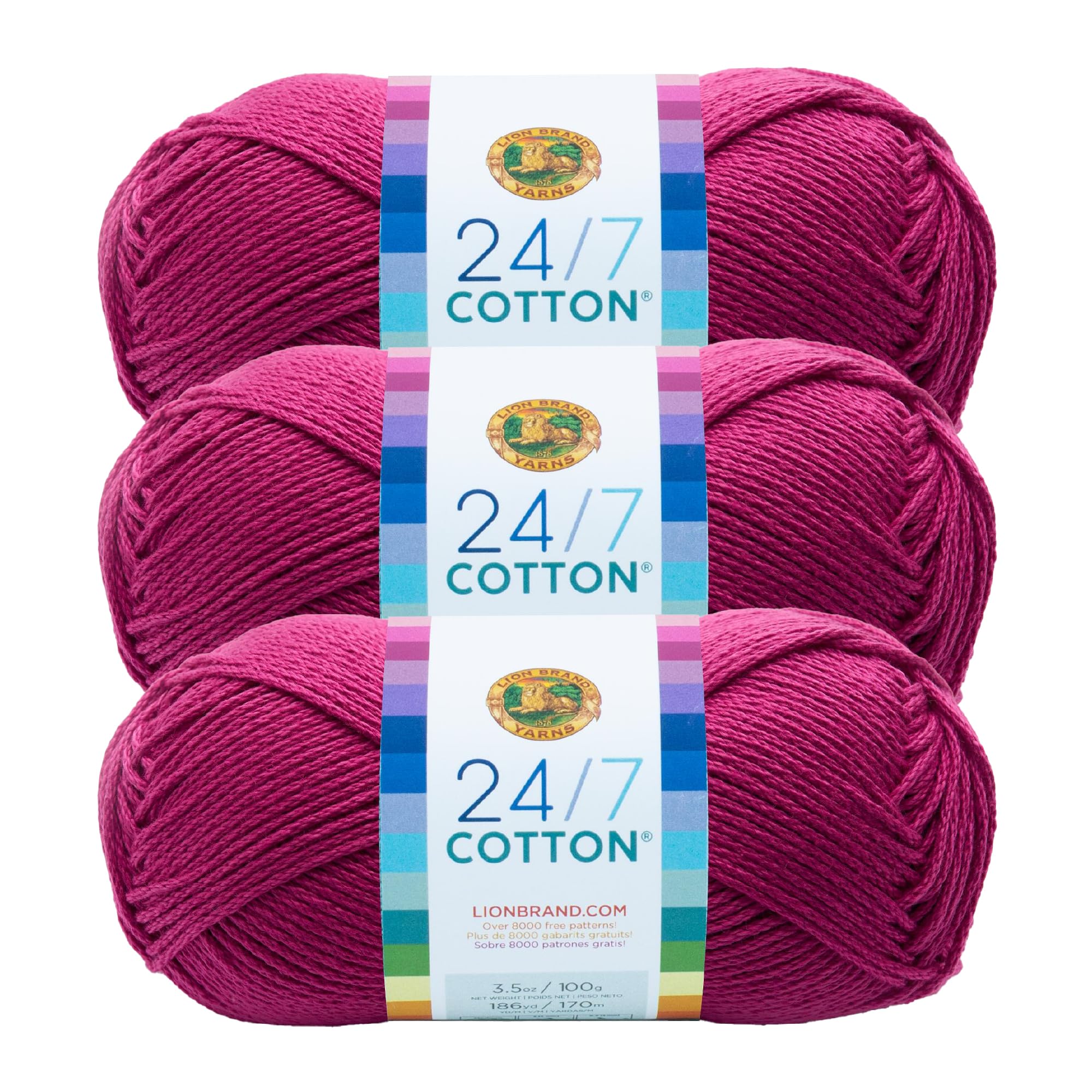 Lion Brand Yarn 24/7 Cotton , Lightweight for Knitting, Crocheting, and Crafts, Rose, 3 Pack — image 1