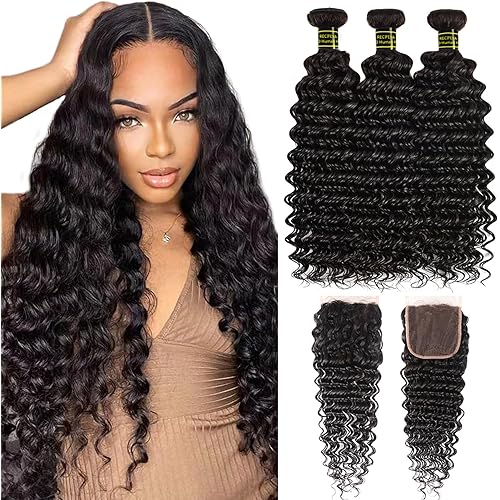 Deep Wave Bundles with Closure Brazilian Virgin Human Hair Bundles with 4x4 Lace Closure Deep Curly Hair Deep Wave 3 Bundles Weave Bundles with Closure Free Part Human Hair Extensions(16 18 20+14)