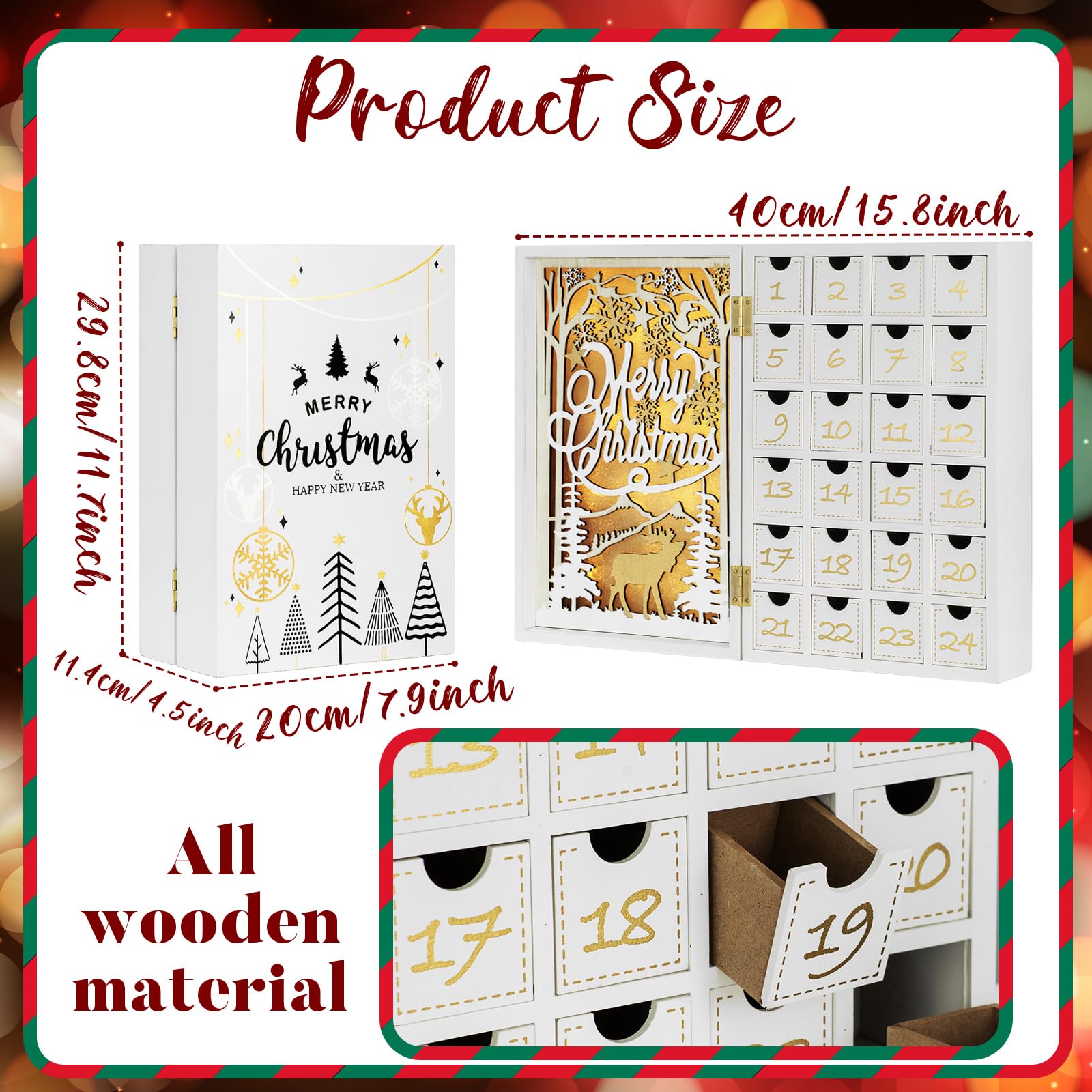 Holz Weiß Adventskalender mit Schubladen, Wiederverwendbarer Adventskalender mit Lichtern, Leere Boxen zum Befüllen, Dekorativer ausklappbarer Holzkalender für Kinder Weihnachten Deko 24 leere