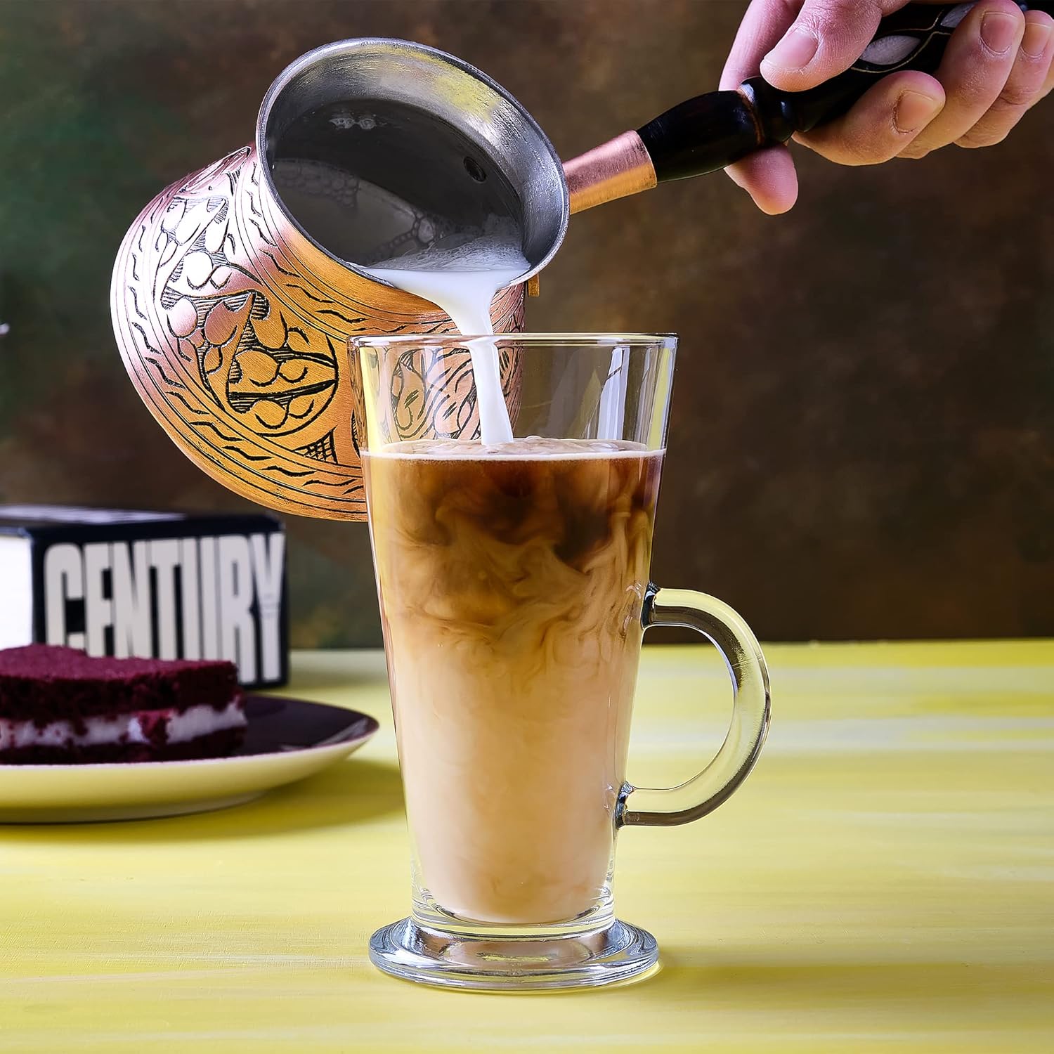 Volarium Turkish Coffee Pot, Greek Arabic Coffee Maker, Thickest Solid Hammered and Engraved Copper Coffee Cezve with Premium Wooden Handle (16 fl oz)