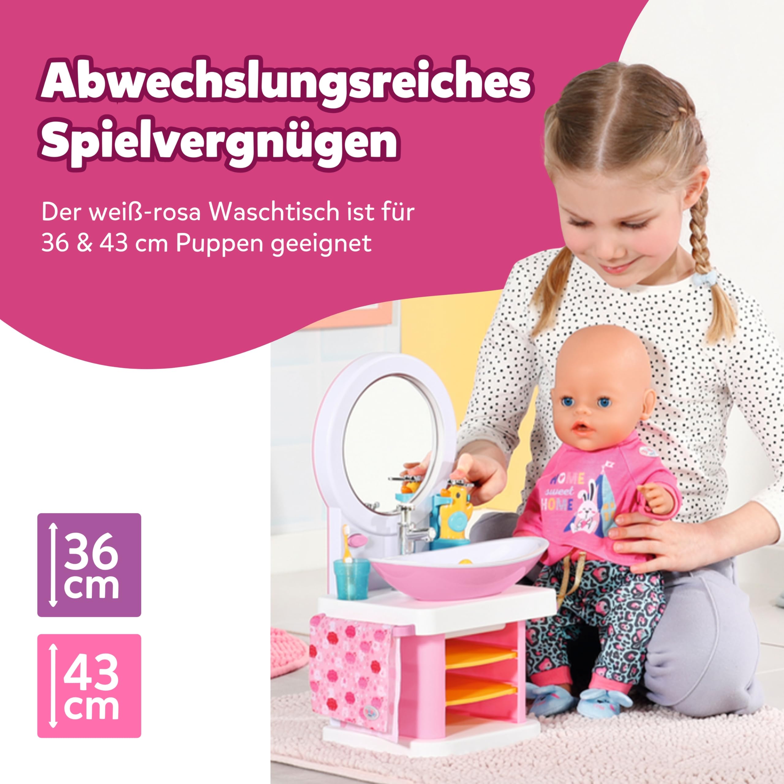 BABY Born Waschtisch - Interaktiver Puppenwaschtisch mit Licht- & Soundfunktion - Hochwertiges Puppenzubehör - Inkl. Zahnbürste, Zahnputzbecher, Seifenspender & Handtuch