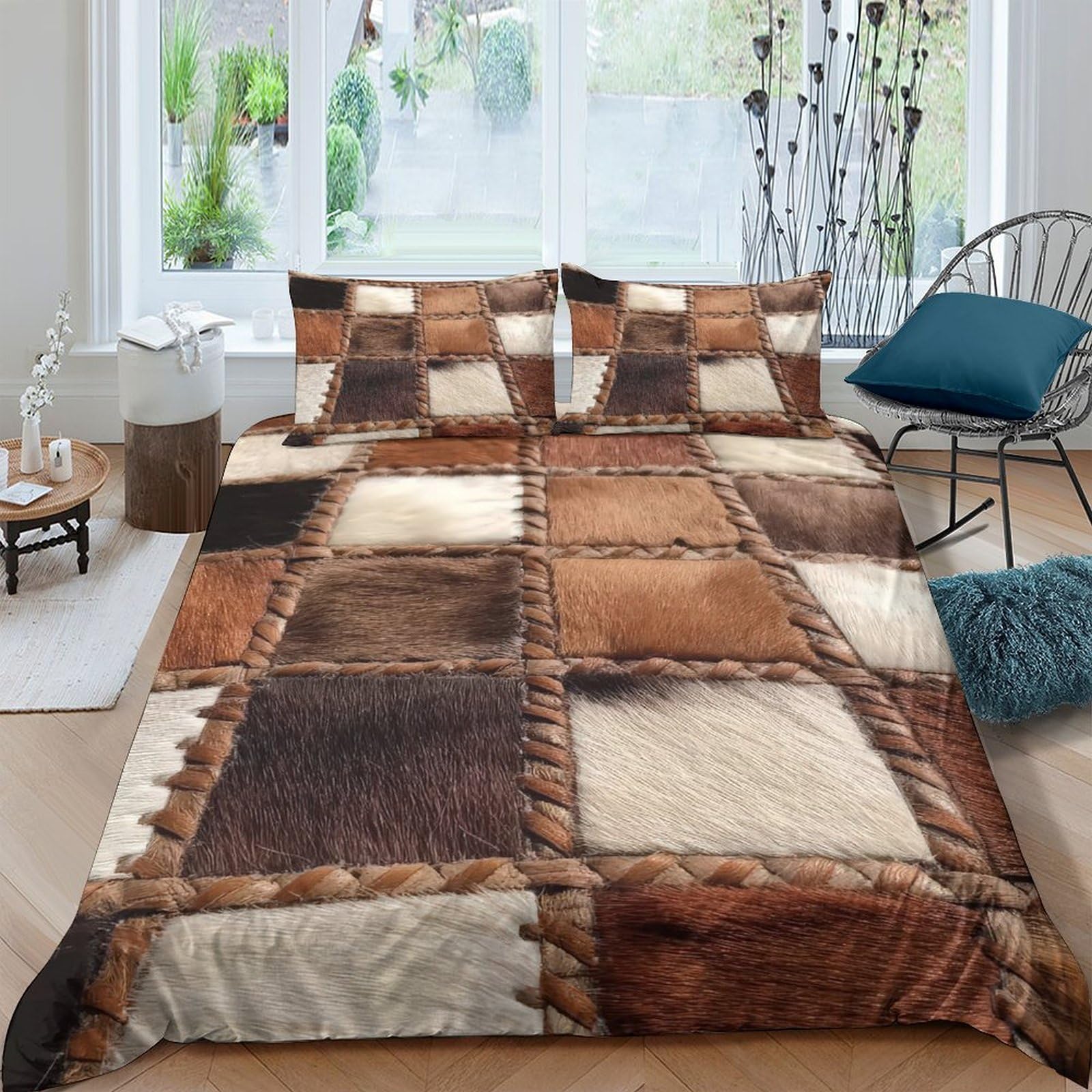 GPLZQXKJNH 3D Printed Patchwork Brown Duvet Cover Microfiber Soft Breathable Rustic Check Quilt Cover Set with 2 Pillowcases for Bedroom Decor Single（135x200cm）