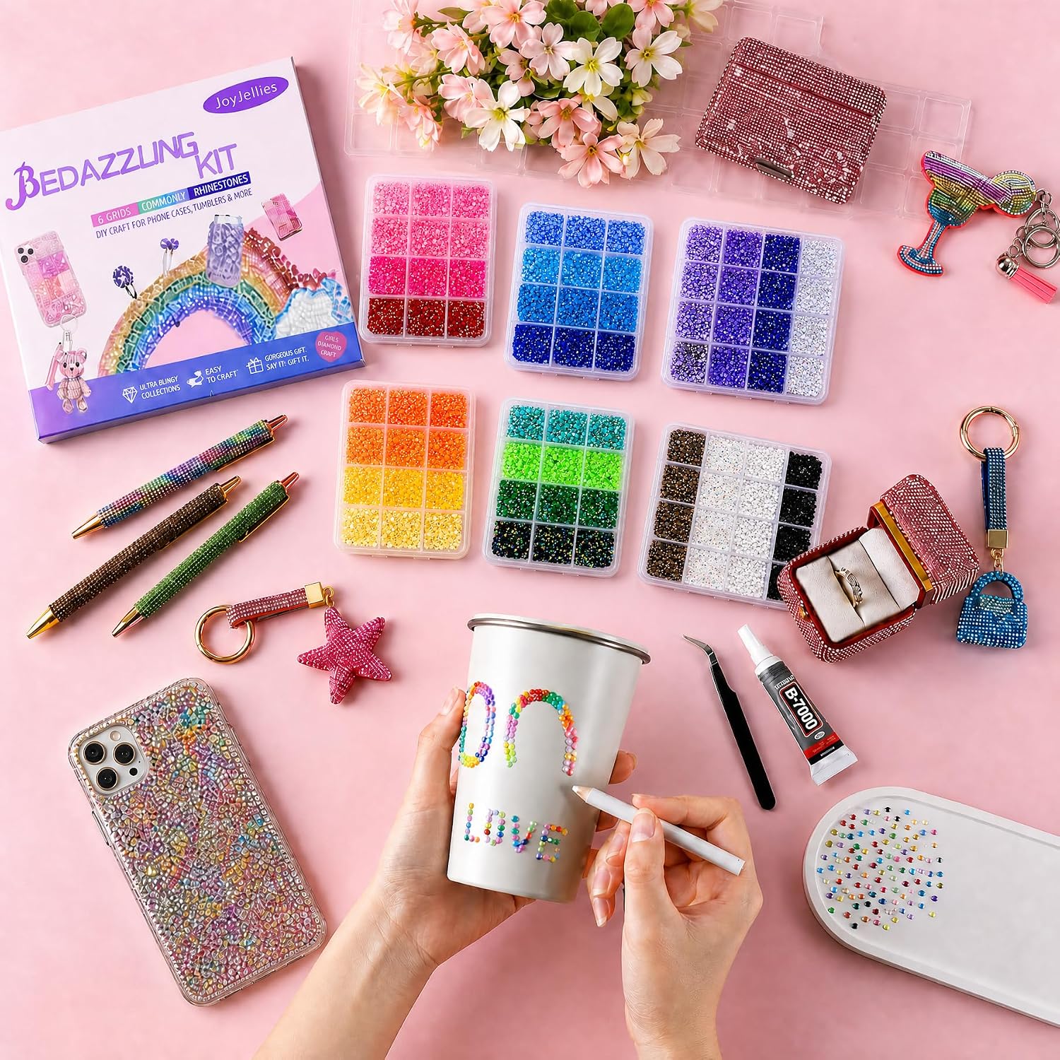6 Boxes Bedazzling Kit, 3mm 56000Pcs Resin Jelly Rhinestones Kit Flatback Rhinestones Nail Gems Bedazzler Kit with B7000 Jewelry Glue & Tools Bedazzling Kit for DIY Arts & Crafts Gifts