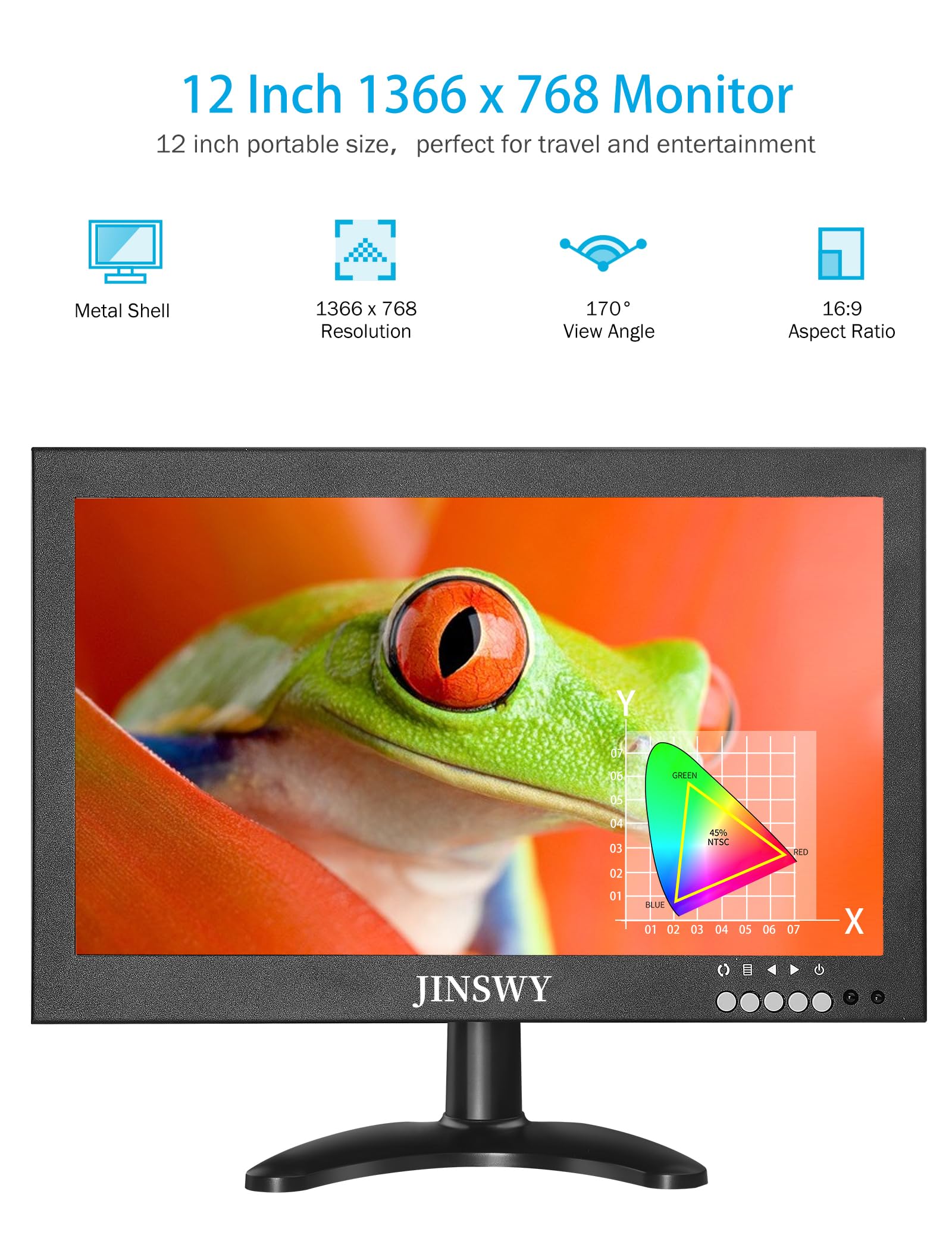 Mini monitor di sicurezza da 12 pollici, IPS 1366 x 768 in metallo, ingresso HDMI/VGA/AV/BNC/USB, altoparlanti e telecomando integrati, per sorveglianza CCTV e sistemi di sicurezza