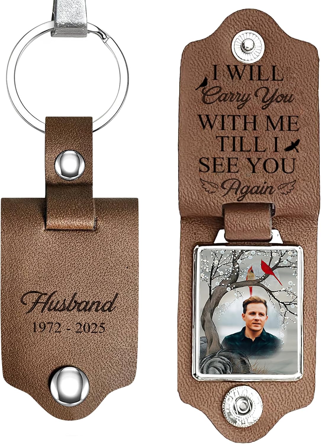 Photo Leather Keychain for Men – Memorial Gift Idea – Custom Engraved Keepsake – I Carry You with Me Keychains