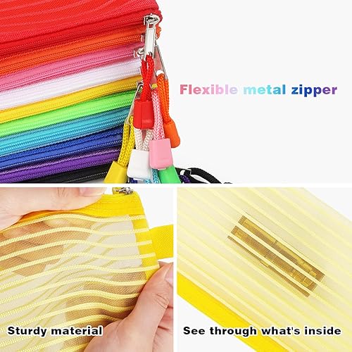 Miniatura 4 de Tamaki Paquete de 10 bolsas de malla con cremallera para lápices, bolsa multicolor para bolígrafos, multiusos para suministros de oficina, bolsas de