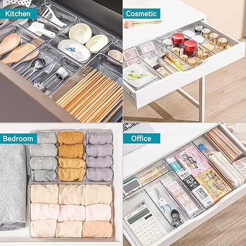 Miniatura 7 de Voova Juego de 6 organizadores de cajones de plástico, 3 tamaños de bandejas organizadoras de cajones de escritorio de cocina y oficina, divisor de