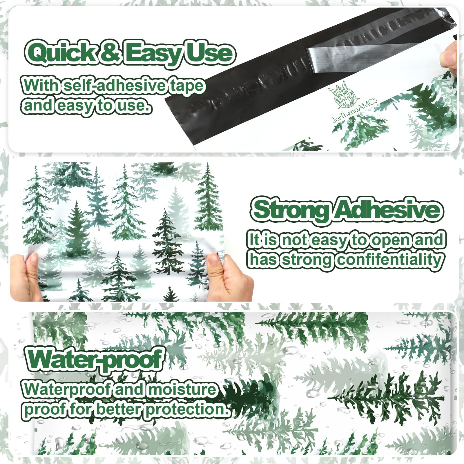 JarThenaAMCS 100 buste postali natalizie in polietilene, 25,4 x 33,5 cm, verde inverno, per albero di Natale, autosigillanti, per abbigliamento di piccole imprese