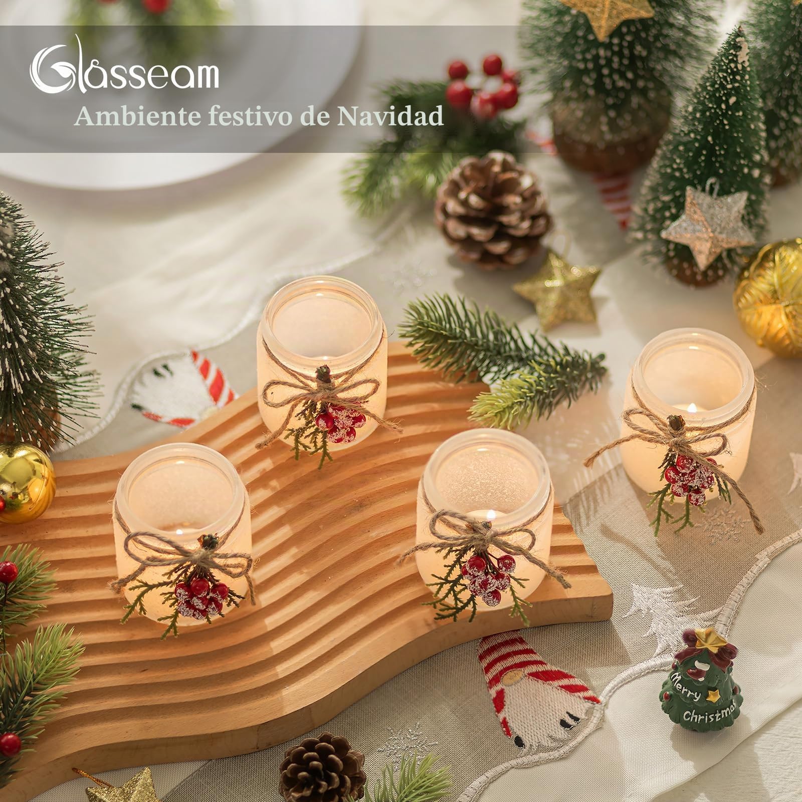 Glasseam Candelabros NavideñOs Decorativos: Juego De 6 Candelabros De Vidrio con Forma De Bayas Rojas Y Agujas De Pino para Centros De Mesa.