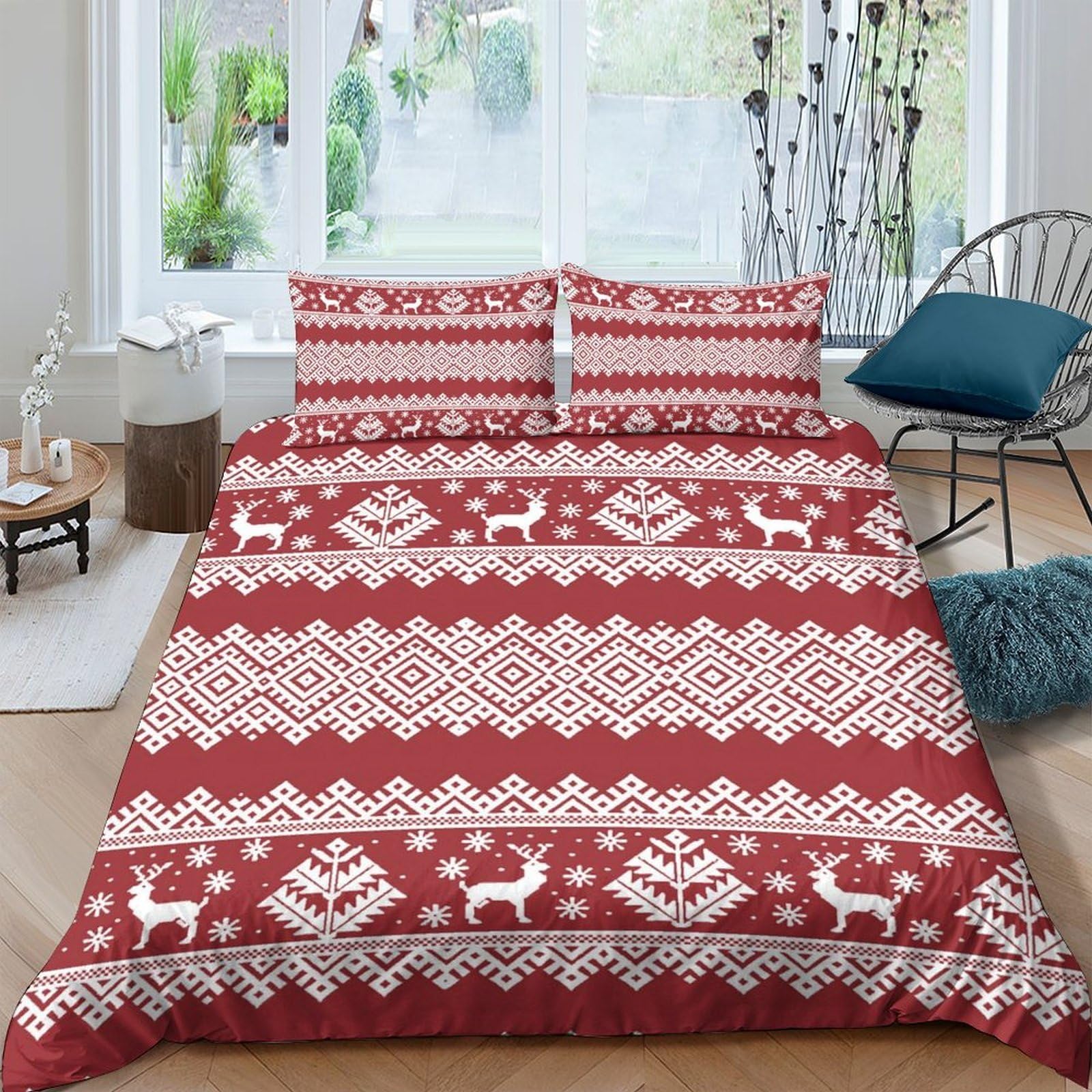 Ctjqhvkz Style-2 3D Printed Nordic Reindeer Pattern Fitted Sheet Microfiber Red White Christmas Geometric Bed Cover Bedroom Decor Single（135X200cm）