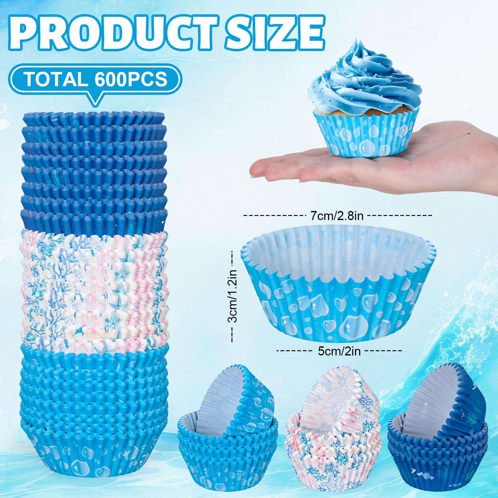 Whaline 600Pcs Ocean Themed Cupcake Liners Summer Baking Cups Crab Coral Starfish Sea Life Cupcake Wrappers Holders Muffin Liners for Bridal Baby Shower Wedding Birthday Party Supplies