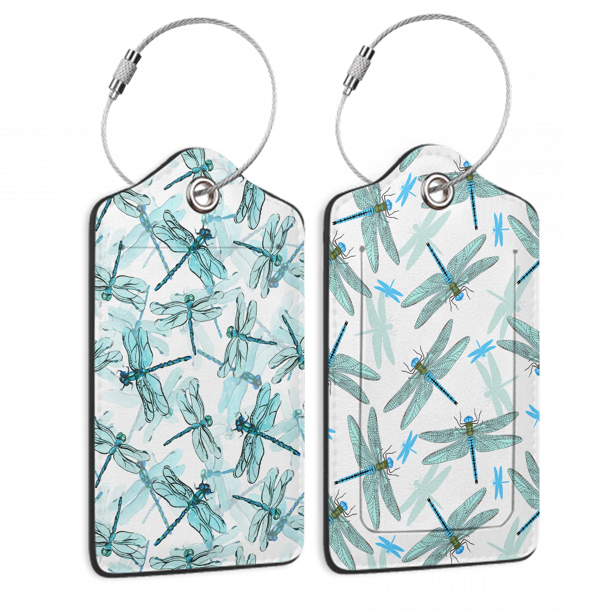 Watercolor with Elegant Dragonfly Luggage Tags for Suitcases, 2 Pack Cute PU Leather Suitcase Tag Identifiers with Address Card for Baggage Tag