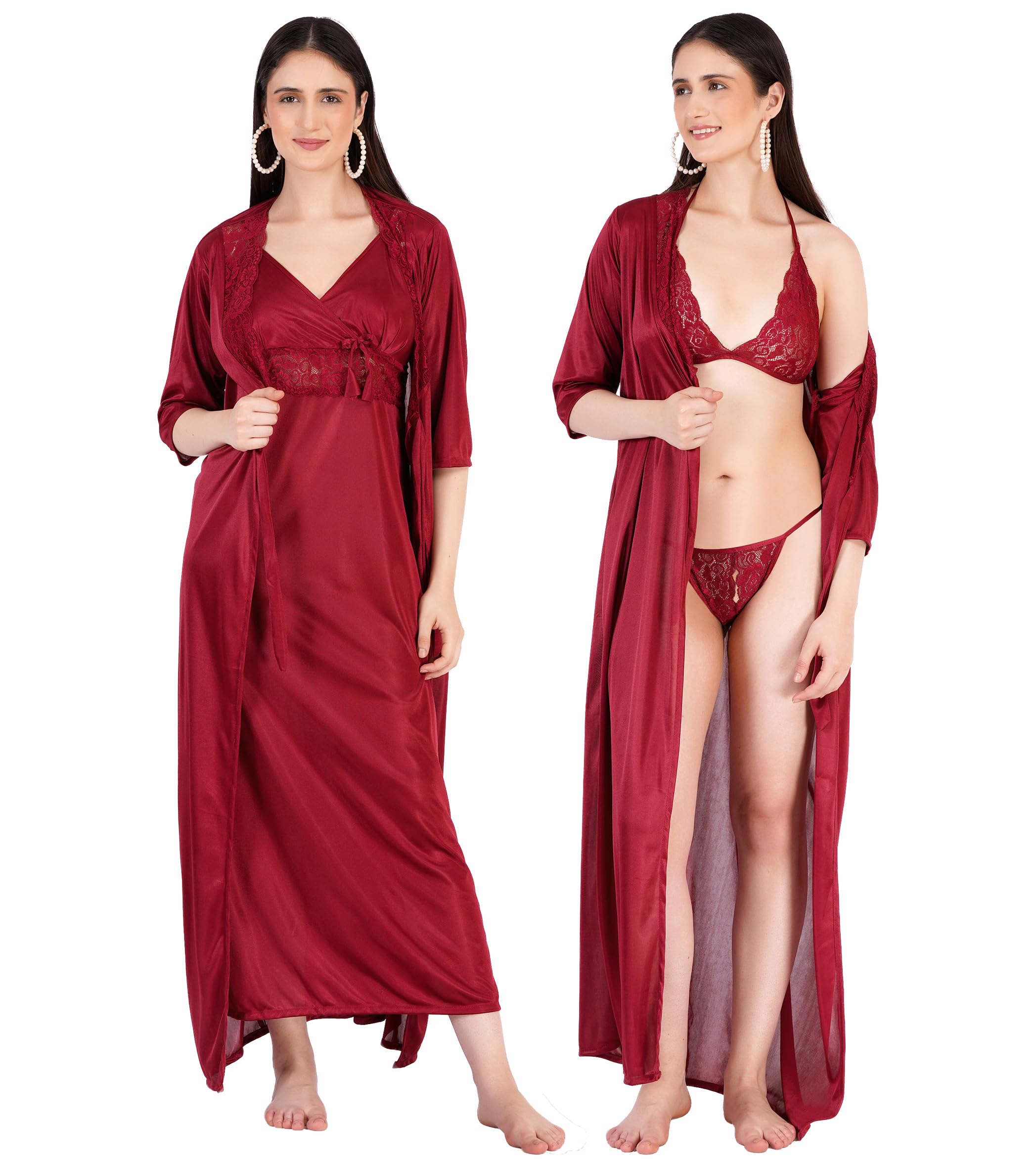 reposey Women's 4 Piece Nightwear Set, Satin Nighty, Lace Bra Thong & Robe Set-picture-15