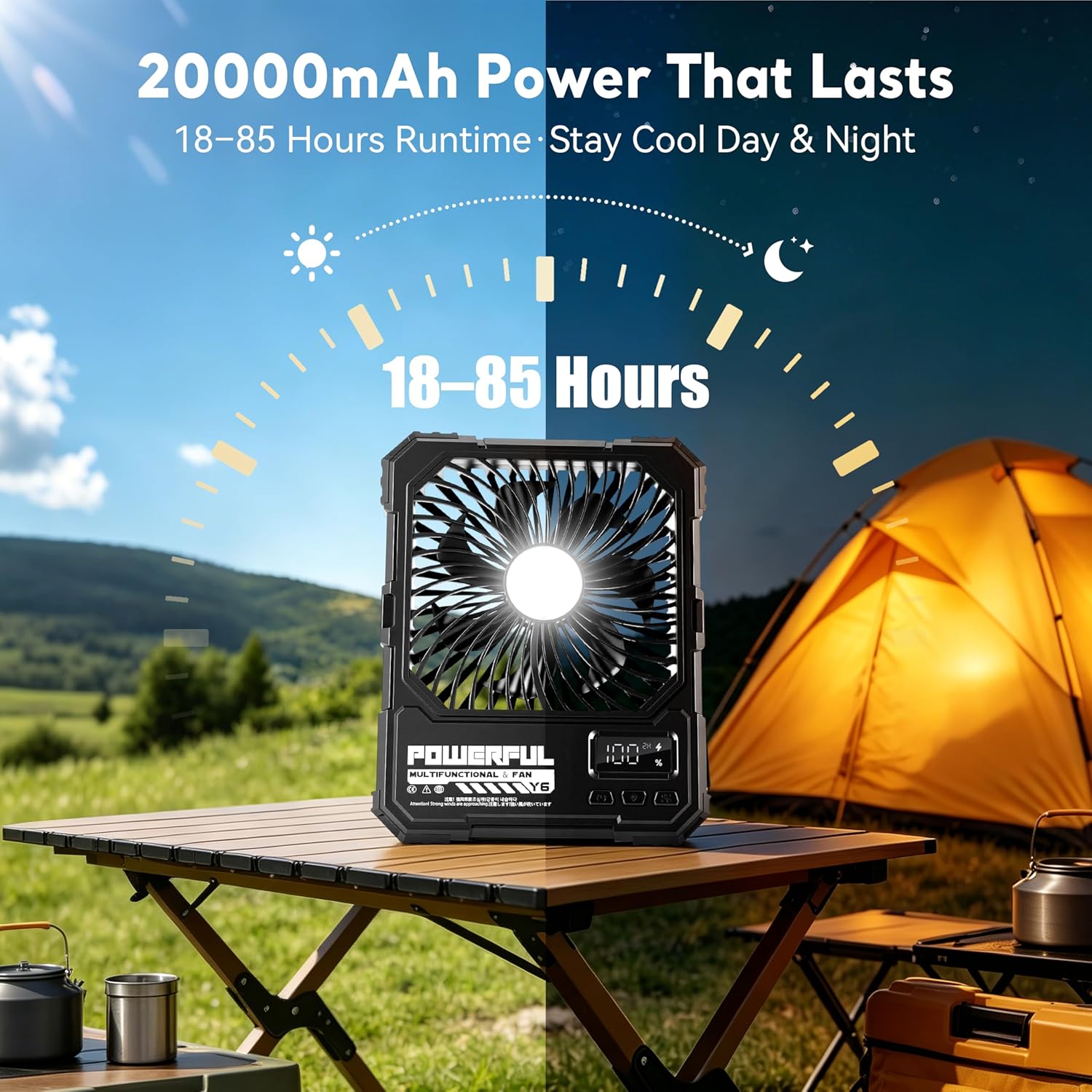 Portable Fan, Camping Fan, 20000mAh 6-Inch 18-85H Rechargeable Ultra Thin Foldable with Built-in Power Bank, LED Light, Remote Control, Hook for Outdoor Camping Tent Travel Emergency (Black)