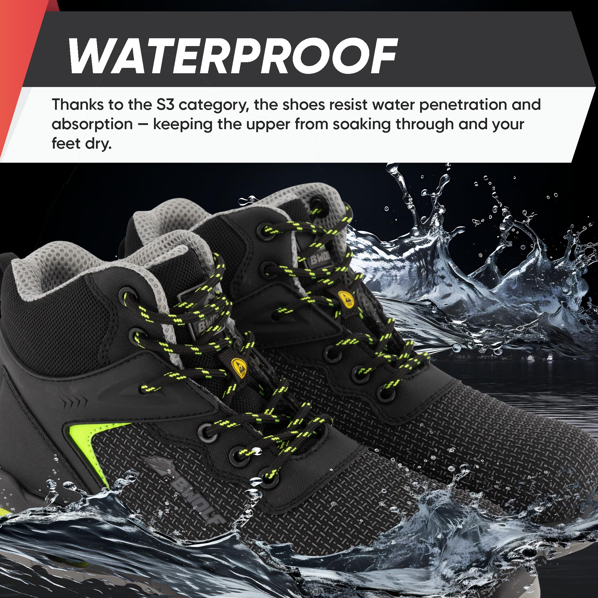BWOLF Skyler HIS3S Zapatos de Seguridad para Hombre Altos S3, Impermeables, 4 x 4 Grip Tech, Suela Ergo, ESD