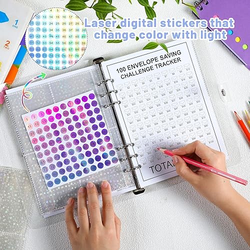 Miniatura 5 de Desafío de ahorro de dinero con 100 sobres, carpeta brillante de desafío de 100 sobres, forma fácil y divertida de ahorrar $5,050, carpeta de libros