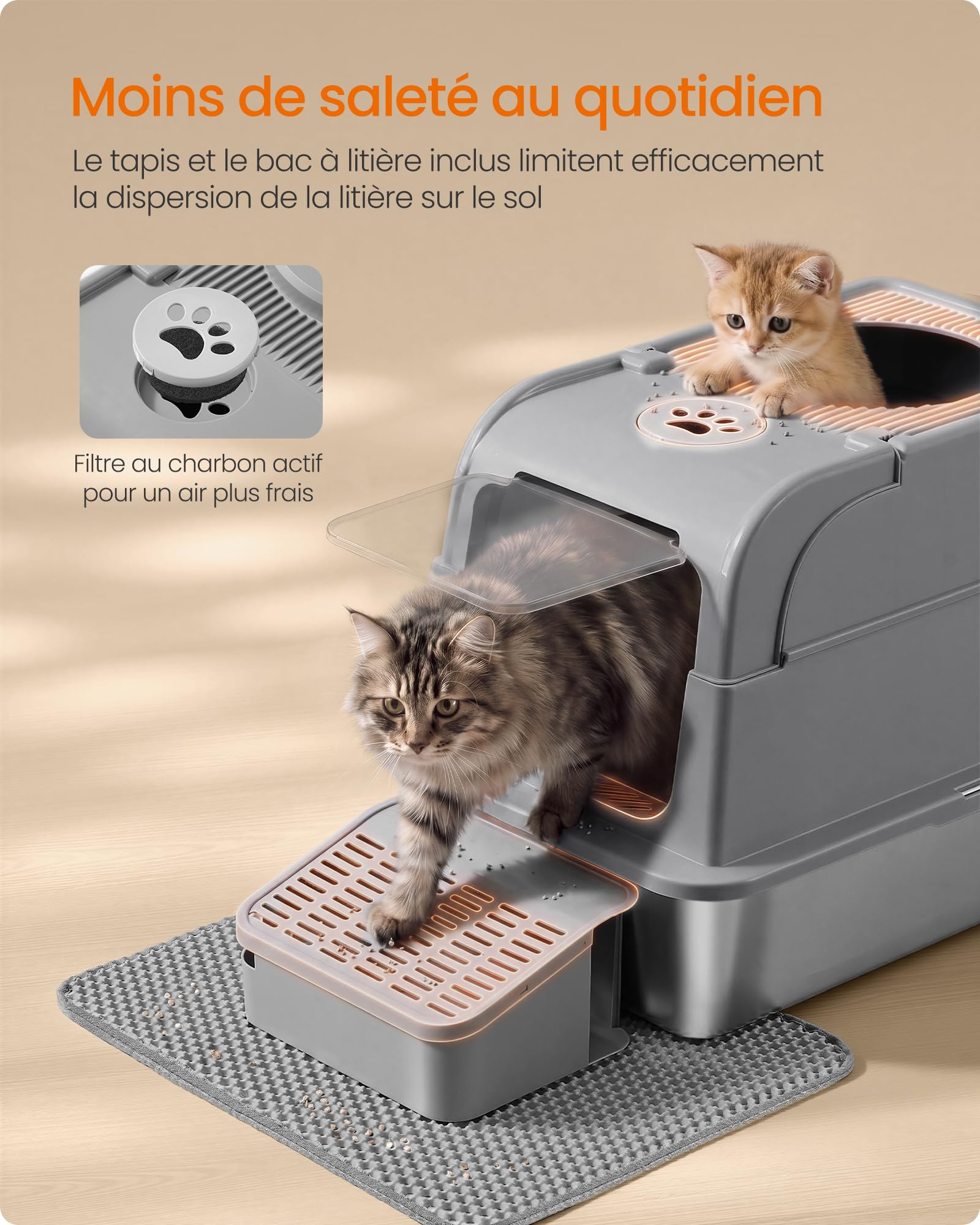Feandrea Bac à Litière pour Chat en Acier Inoxydable avec Couvercle, Caisse Litière Fermée, 2 Entrées, Pelle et Brosse, pour Chats Jusqu’à 15 kg, Gris Tourterelle PPT021G201