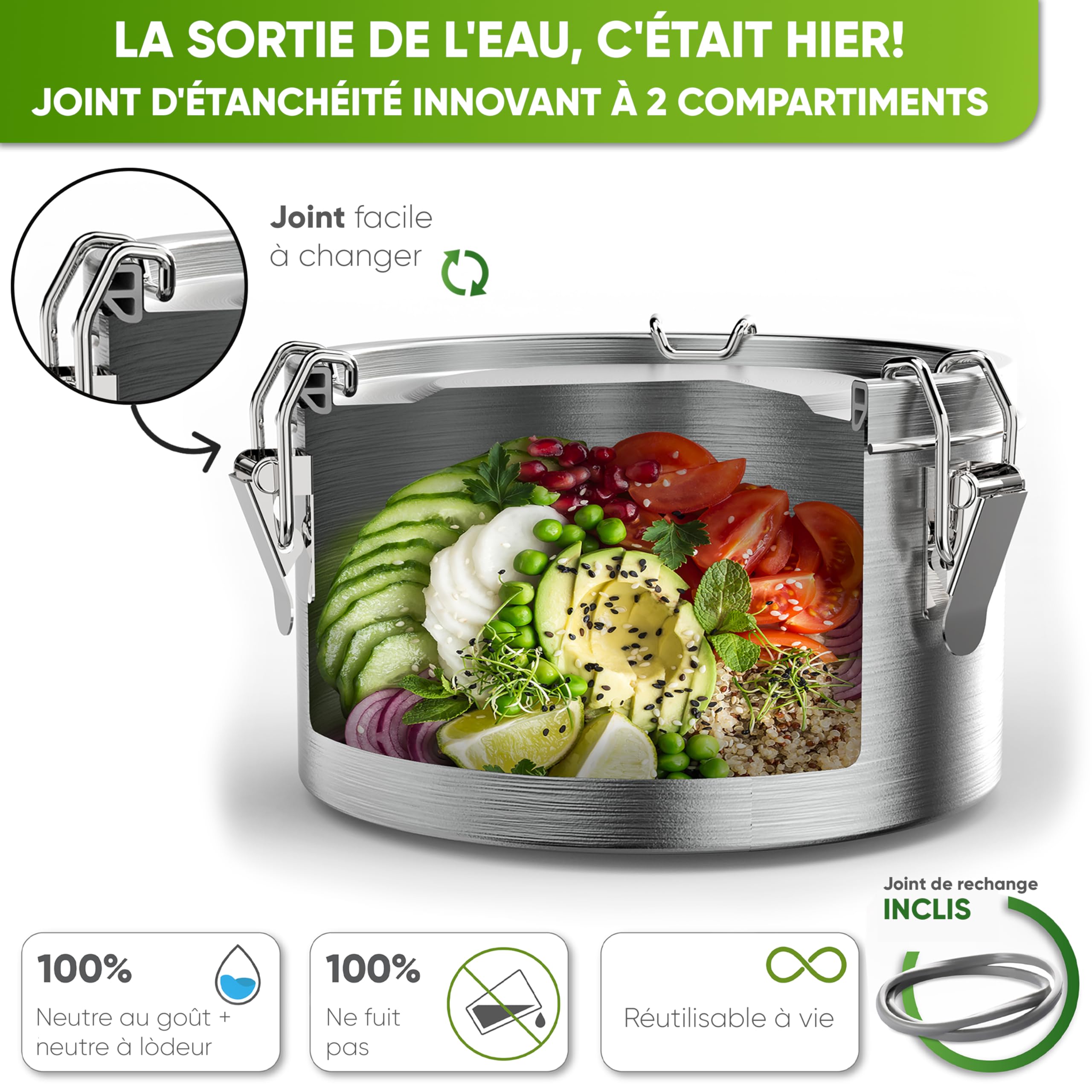 Blockhütte Bento Lunch Box Inox Ronde I 1800ml I Avec Cuillère et 2 Joints I Lunchbox, Boîte Bento Hermétique en Acier Inox, Anti-Fuite I Boite Lunch Box Adulte et Enfant, Boite Inox Alimentaire