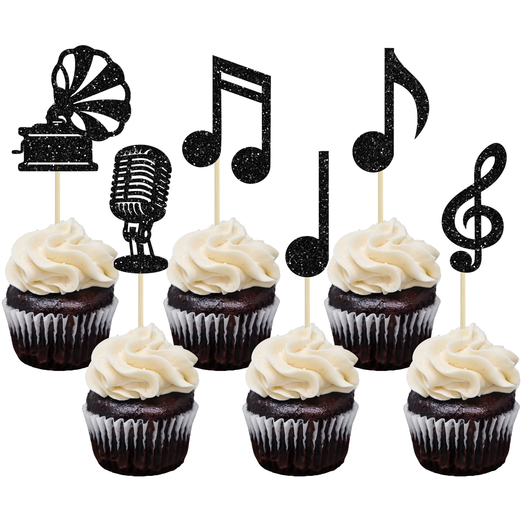 Ephlyn 30Pcs Music Theme Cupcake Toppers Glitter Microphone Musical Symbol Cupcake Picks Rock Music Concert Theme Birthday Party Decorations Supplies Black Note