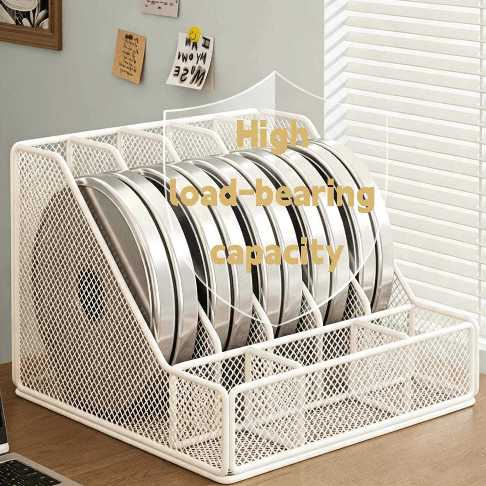 Organizer per documenti in metallo A4, 5 scomparti verticali per riviste, organizer da scrivania con portamatite per ufficio, scuola(White)