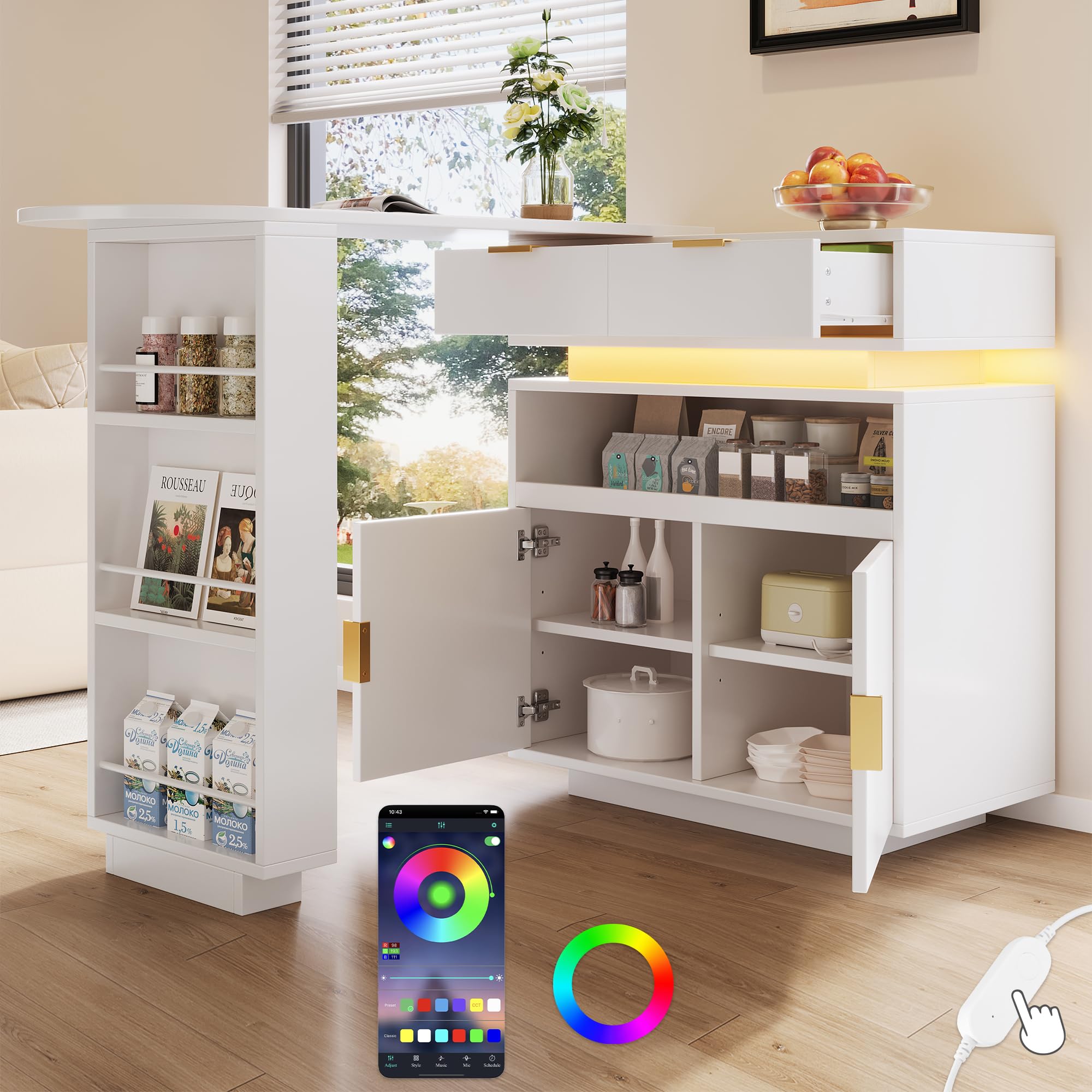 Meuble Bar Rotatif Extensible 115-183cm,îlot de Cuisine avec rangements,LED,Rotation 360,Table Extensible–Bar à café Mobile pour Cuisine et Salle à Manger,Blanc