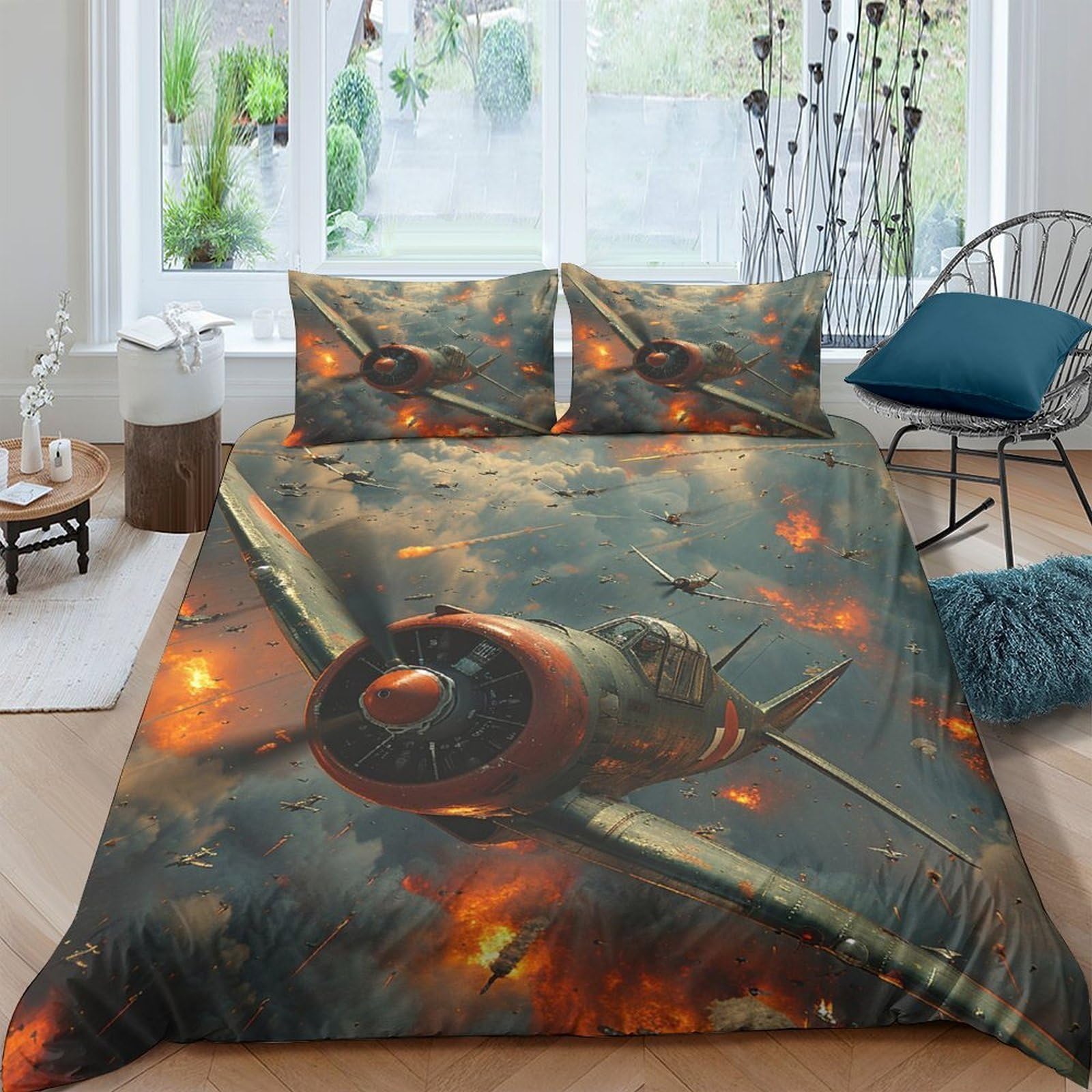 Ctjqhvkz Style-3 3D Printed Fighter Plane Fitted Sheet Microfiber Soft Breathable Fiery Sky Bed Cover For Bedroom Dorm Decor Single（135X200cm）