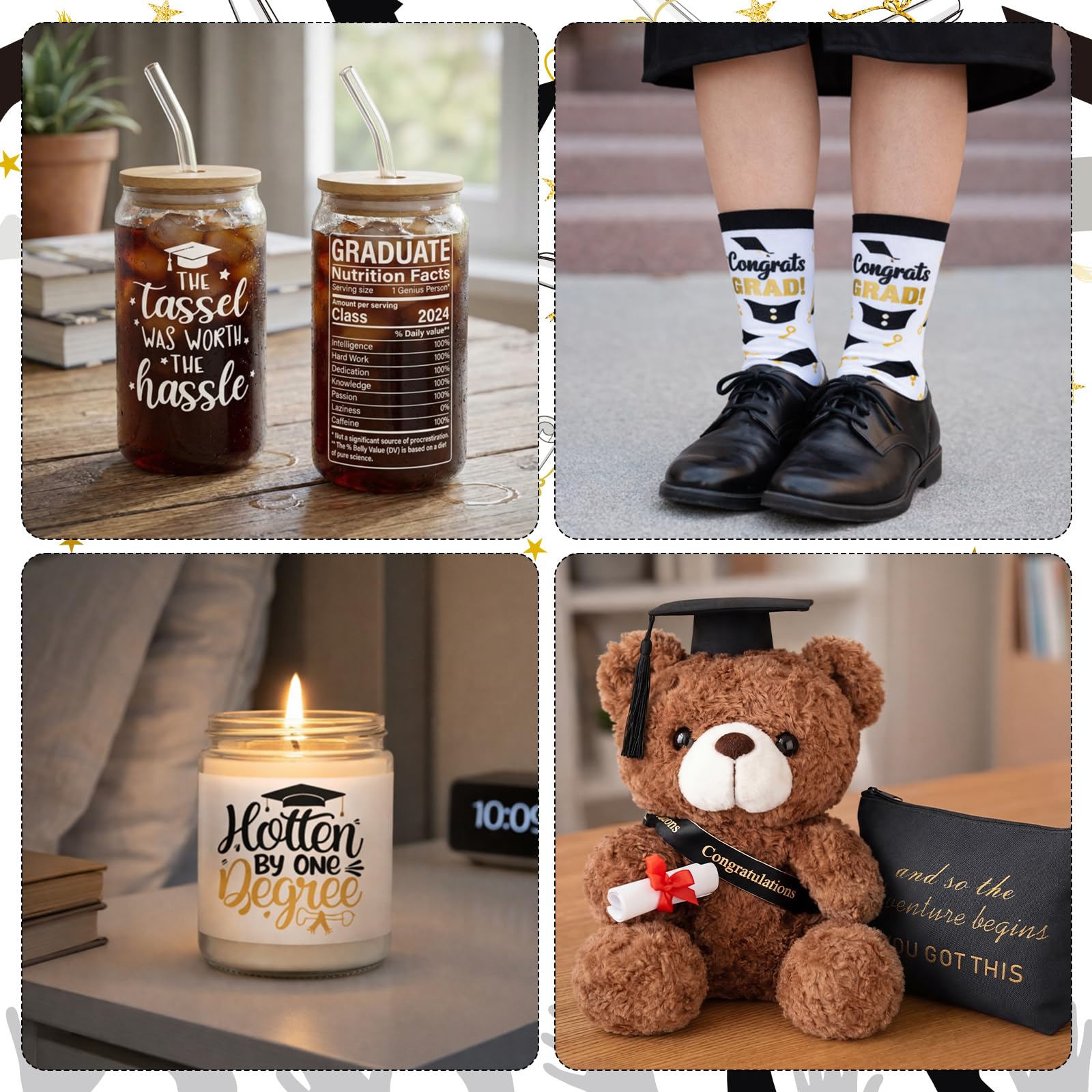 Baderke 8 Pcs 2026 Graduation Gifts Set for Her Congrats Grad Gift Basket Contents Plush Bear Notebook Glasses Cup Makeup Bag Scented Candle Socks Gift Card Graduated Favors for High School College