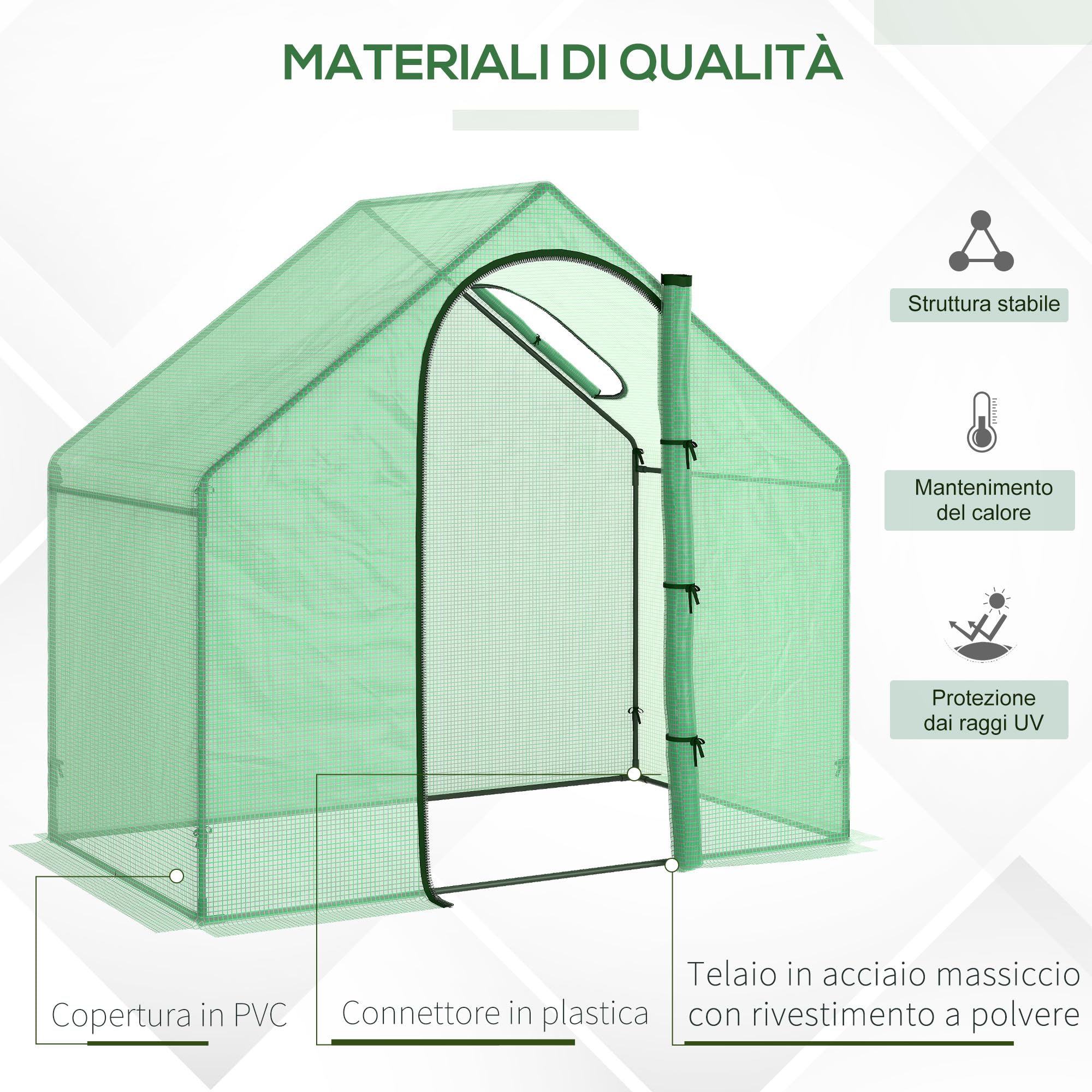 Outsunny Serra da Giardino in Polietilene e Acciaio con Porta a Cerniera e Presa d'Aria, Funi e Paletti Inclusi, 1.8x1x1.7 m, Verde