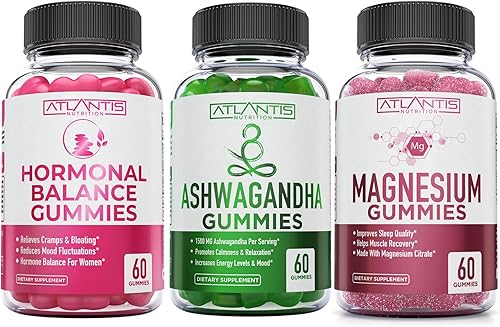 Atlantis Nutrition Gomitas de equilibrio hormonal para mujeres y síndrome premenstrual + gomitas Ashwagandha + gomitas de magnesio
