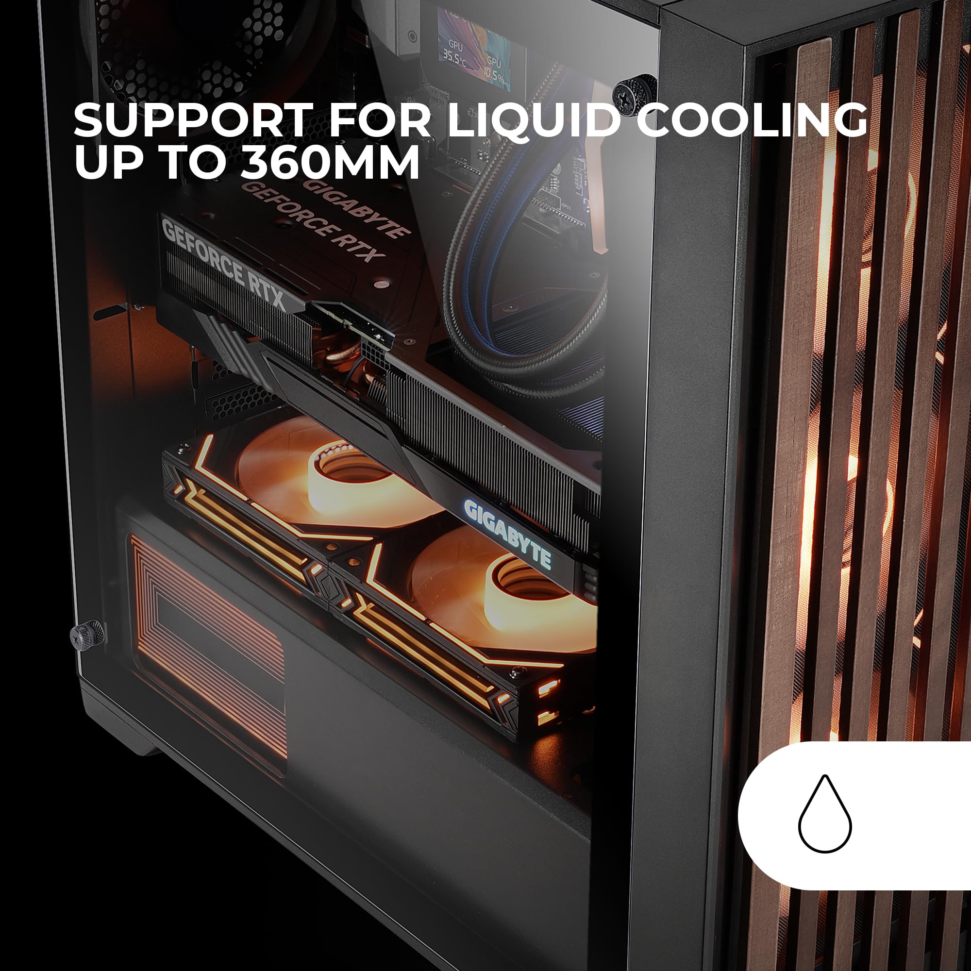 Mars Gaming MC-Wood, ATX-PC-Gehäuse, Holzfrontplatte, Seitliches Gehärtetes Glas, 120mm FDB-Lüfter, Flüssigkeitskühlung bis 360mm, Dual-Kammer, Kabelmanagement, Semi-Tower-PC, Schwarz - 5