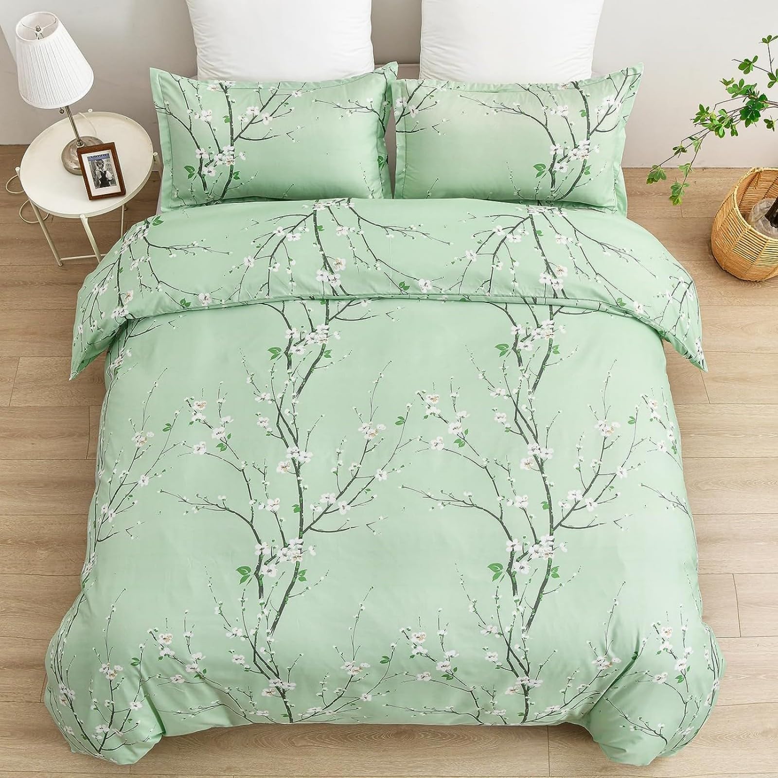Freyamy Housse de Couette Floral 220x240+2 Taie d'oreiller 65x65cm Vert Clair Fleurie Imprimé Parure de lit 2 Personnes Adulte Fleurs Sets de Housse Couette en 100% Microfibre avec Fermeture Éclair