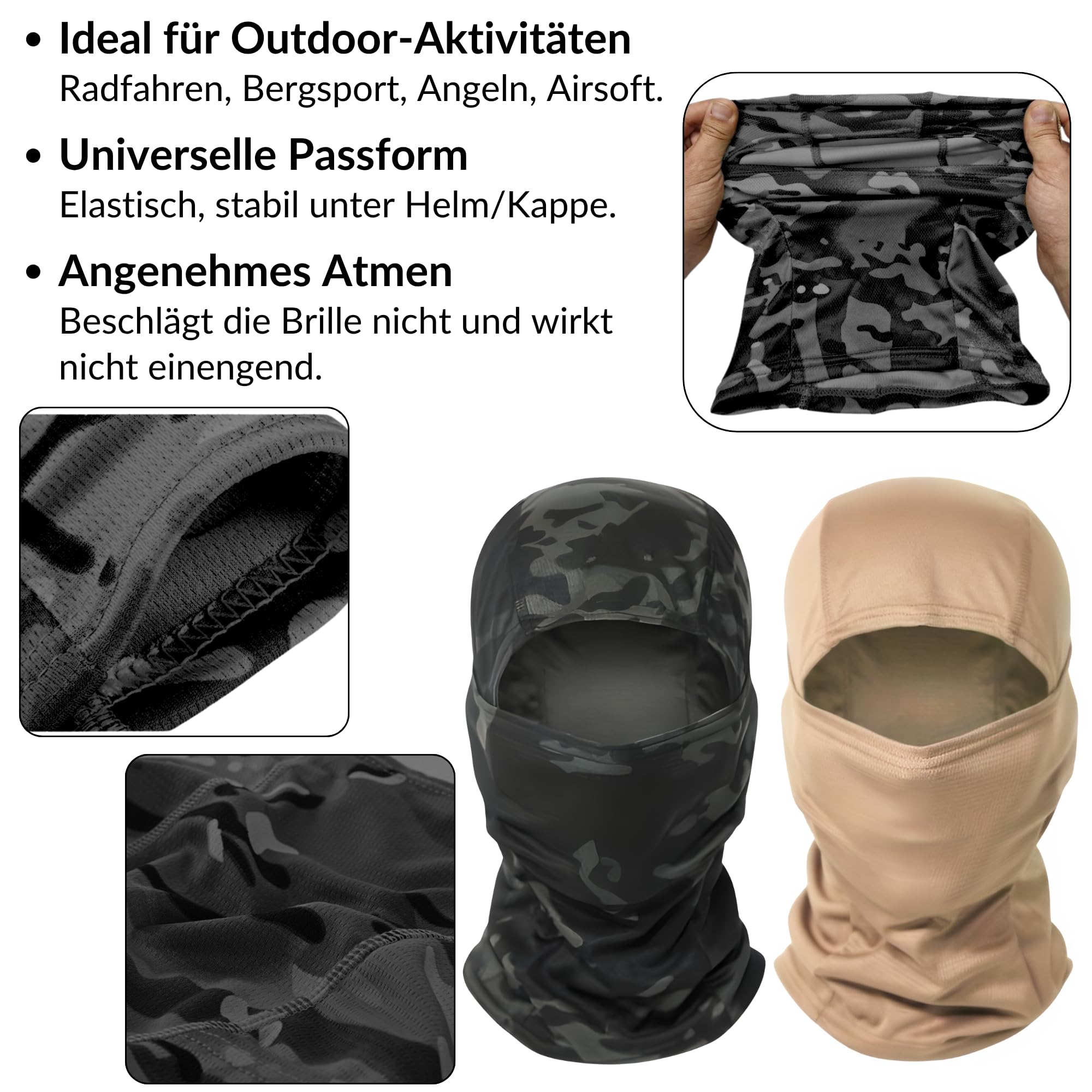 Sibo - Outdoor-Set (3-teilig): Taktische Klett-Cap + Outdoor-Schutzbrille + Elastische, atmungsaktive Sturmhaube für Airsoft, Paintball, Jagd, Wandern, Radfahren, Running, Skifahren (Schwarz)